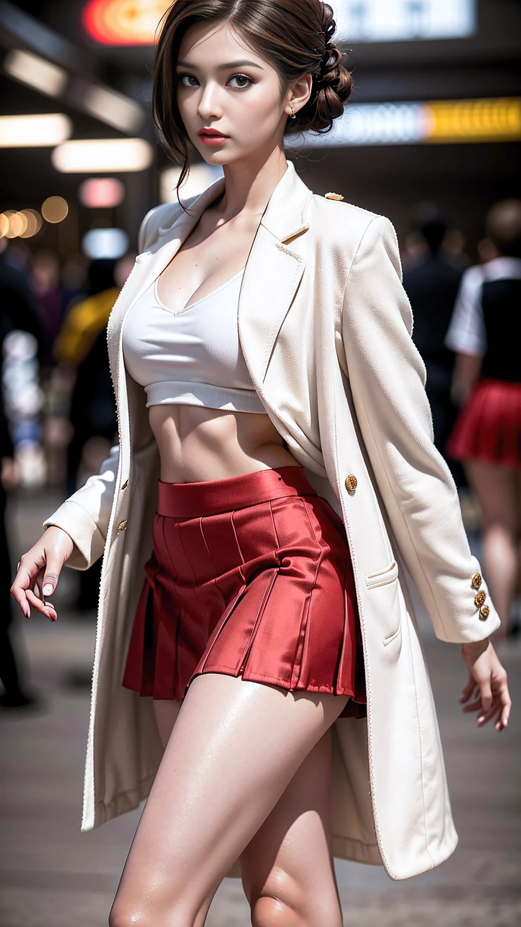 Divide Ratio : 1,1,1 Base Ratio: (highly detailed photo of a girl at the train station),(best high quality),((photo realistic),(Hyper-realism)),((sharp focus)),(highest resolution),UDH,((cinematic lighting)),(1girl:1.4) 22 years old,fashion supermodel,((ccurate, award winning)),((sharp focus)),((Glamour, paparazzi taking pictures of her)),(perfect proportions), (anatomically correct),(perfect female body:1.4),((Super beautiful body)),((Beautiful girl with long legs and good style:1.25)),beautiful feet,cute girl,(firm normal full breasts),(Super beautiful face),(realistic face),(highly detailed face),(Super beautiful eyes),(realistic eyes),(Extremely detailed eyes), (perfect round eyes),(finely detailed pupils),BREAK,((brown_eyes:1.4)),(Fearless look),(super detailed makeup on eyes),(detailed lips),(red_lipstick),(Detailed nose),((dynamic random fancy hairstyle:1.4)),((super elaborate extravagant white Jacket wear:1.2)),(slim face),pink_makeup:1.35,((body shot to knees)),((dynamic pose)),((Lively,Active,vivaciousness)),((no_Pantise)),(Erotic),((red silked skirt,(tiny skirt:1.22),no_panties,curvy)),((school uniform short skirt wrapped at the hips))),