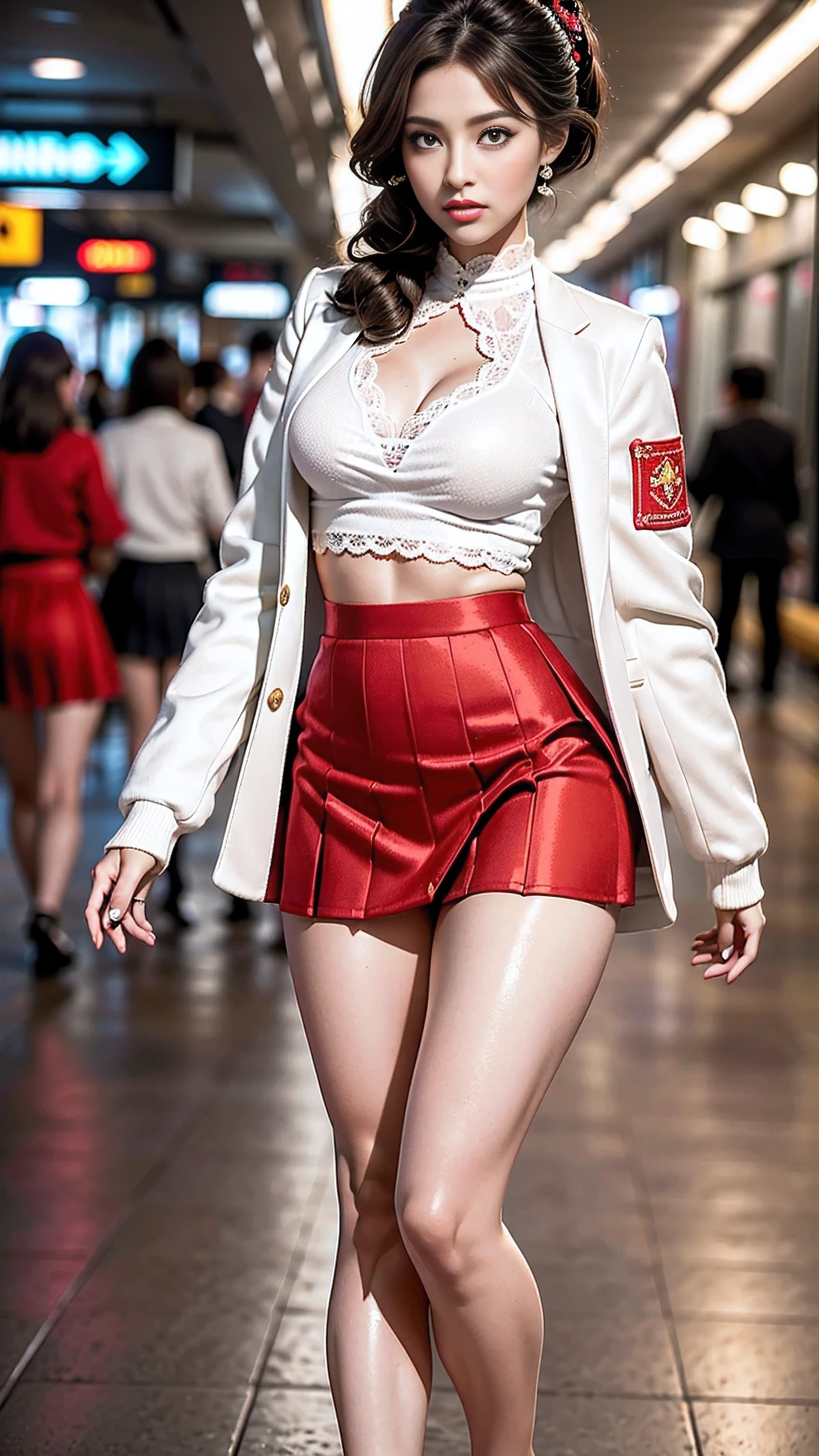 Divide Ratio : 1,1,1 Base Ratio: (highly detailed photo of a girl at the train station),(best high quality),((photo realistic),(Hyper-realism)),((sharp focus)),(highest resolution),UDH,((cinematic lighting)),(1girl:1.4) 22 years old,fashion supermodel,((ccurate, award winning)),((sharp focus)),((Glamour, paparazzi taking pictures of her)),(perfect proportions), (anatomically correct),(perfect female body:1.4),((Super beautiful body)),((Beautiful girl with long legs and good style:1.25)),beautiful feet,cute girl,(firm normal full breasts),(Super beautiful face),(realistic face),(highly detailed face),(Super beautiful eyes),(realistic eyes),(Extremely detailed eyes), (perfect round eyes),(finely detailed pupils),BREAK,((brown_eyes:1.4)),(Fearless look),(super detailed makeup on eyes),(detailed lips),(red_lipstick),(Detailed nose),((dynamic random fancy hairstyle:1.4)),((super elaborate extravagant white Jacket wear:1.2)),(slim face),pink_makeup:1.35,((body shot to knees)),((dynamic pose)),((Lively,Active,vivaciousness)),((no_Pantise)),(Erotic),((red silked skirt,(tiny skirt:1.22),no_panties,curvy)),((school uniform short skirt wrapped at the hips))), 