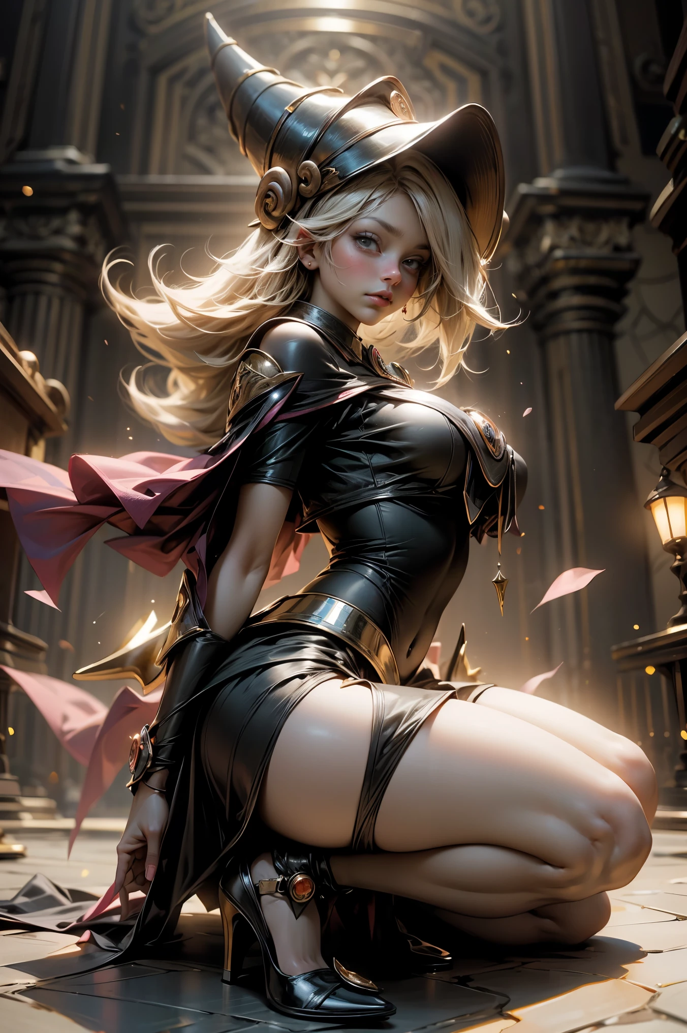 (obra maestra:1.2), (La mejor calidad:1.2), perfect lighting, Chica Maga Oscura lanzando un hechizo, en batalla. flotando en el aire, tetas medianas visibles, escote transparente, bata azul, sombrero grande, desde arriba, Destellos, Yugioh juego, The magic of the heart. LIGHTS OF THE HEART, Romantic heart. Ella usa tacones dorados. En tacones. Tacones