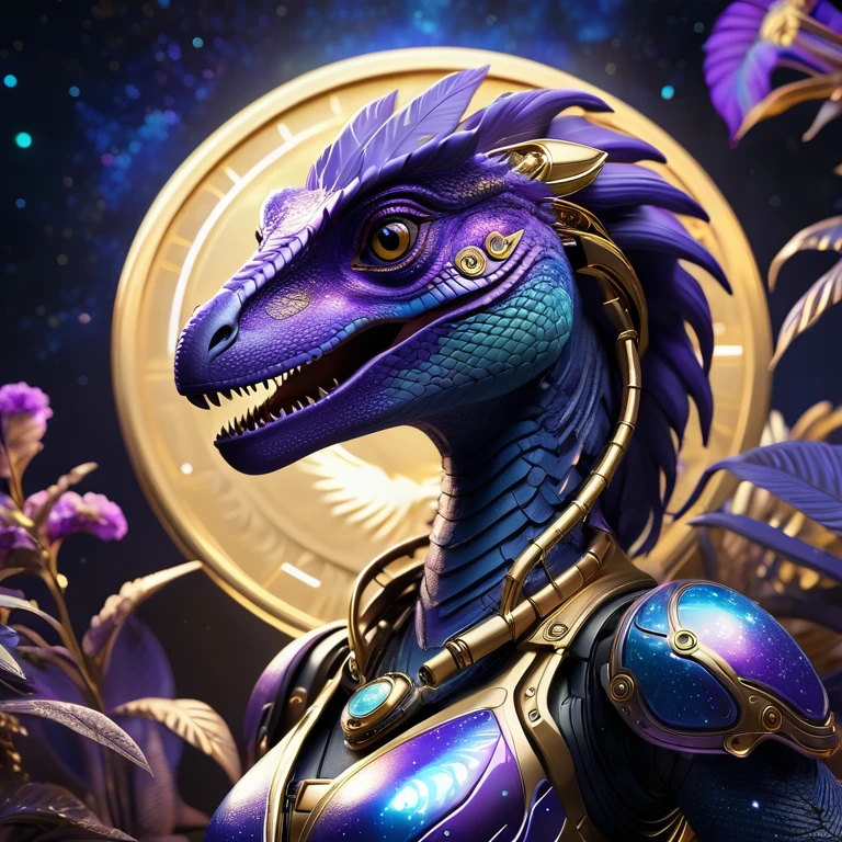 Mechanical velociraptors，glowing, aura, golden, photorealestic，anthropomorphic velociraptor，goddess, Role setting，Ultra-detailed graphics，Delicate face，8K，MagazineCover，Floral background decoration，intense color contrast，The color is dark，Blue-violet tones, blurple, wide-angle, galaxy, stars, universe, 