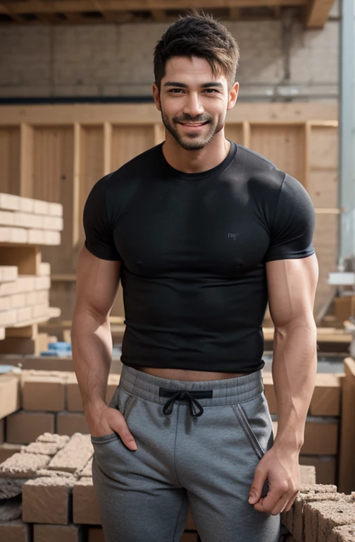 1man, black hair, side part, combed up, handsome, black t-shirt, tan trousers, lean, skinny, fit body, smiling, looking at viewer, youthful