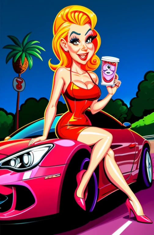 digital painting, 4k, babes, a cartoon of a woman in a red dress sitting in a purple car, caricature style, caricature illustration, cartoon art style, in cartoon style, cartoon style illustration, cartoon style cartoon, cartoon digital art, cartoon digital painting, cartoon art style, stylized digital illustration, digital art cartoon, in digital illustration style, caricature, caricature!!!, cartoon portrait, car portraits