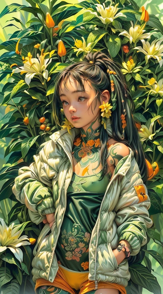((girl), (green:1.5, orange:1.1, white:1.3, yellow:1.3))_((very sexy rapper girl with dreadlocks hair), tattoos,(naked body parts), (down jacket :1.2),(Jacket on a naked body, mother, thong))__(( fractal, Flowers, leaves, Fog, lilies, circles background)).