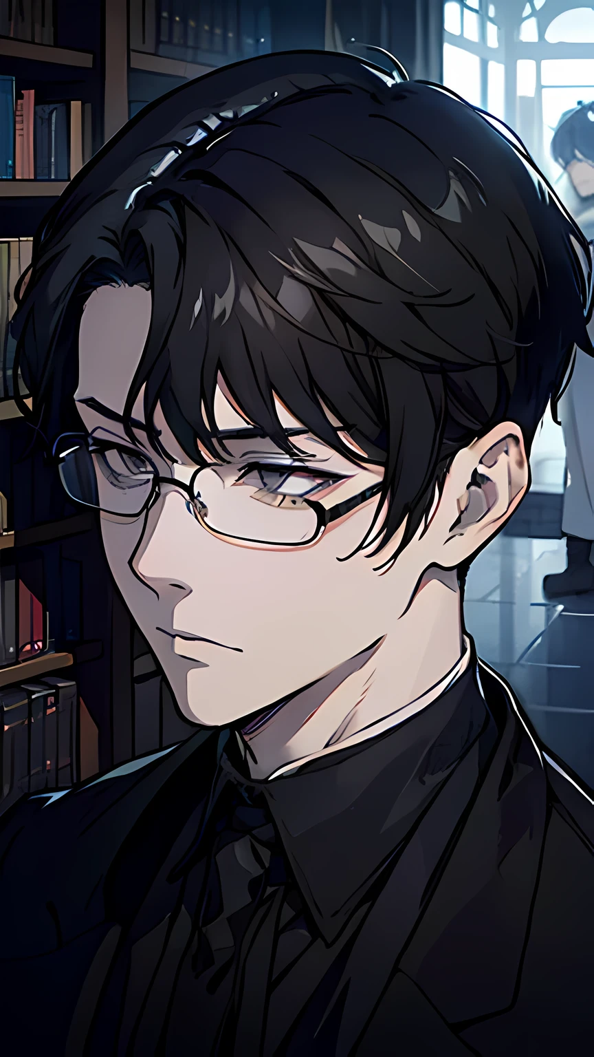 man, (black hair slightly shorter than the shoulders fluffy haircut curtains: 1), gray eyes, round silver glasses, gloomy lighting, library, calm facial expression),illustration, detailed and realistic, high resolution, concept artist, muted color palette, batler, dark light, gloomy lighting, anime style