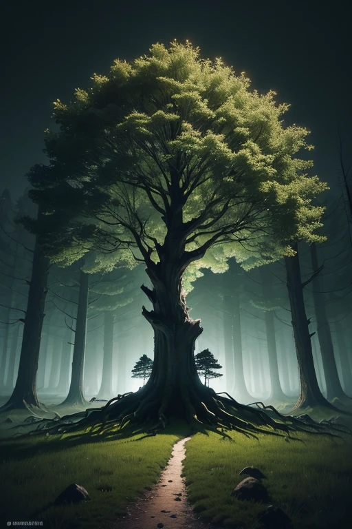 The tree is the central point of the image, representando a jornada de crescimento pessoal. She's big, robust and healthy, with visible details on its leaves, galhos e tronco, Even in the darkness of the night.Deep and Strong Roots: The roots of the tree are portrayed as deep and strong, diving into the ground to impart stability and solid foundation. They intertwine with the earth, symbolizing the rooted connection necessary for personal growth.Jornada de Crescimento Pessoal: Visual elements such as small buds or new leaves appearing on the tree's branches represent ongoing personal development and overcoming, Even in the darkness of the night.Ambiente Noturno e Imponente: The environment around the tree is dark and imposing., Conveying mystery and power. The tree stands out in the darkness of the night, creating an atmosphere that reflects the journey of self-knowledge and overcoming, mesmo diante dos desafios noturnos.Lighting and Night Colors: The lighting is gentle and subtle, highlighting the details of the tree and the night environment. The colors are predominant in dark and mysterious tones, with deep green for the leaves and dark, blackish brown for the trunk and roots.Com essas diretrizes, artificial intelligence can create an atmospheric and imposing image, with a majestic tree in the center of the scene, its roots sinking into the dark soil of the night, while small signs of growth and overcoming are visible amidst the darkness. (Melhor qualidade), (amazing digital art), dramatic lighting, cores mortas, expertly capturing the essence of an epic cinematic experience. nao adicionar personagem e de enfase nos tons(preto,acinzentado)