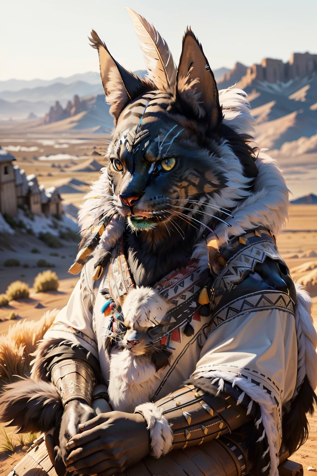 A black anthropomorphic cat, with a full face expression, sits proudly on a rugged wooden chair. Dressed in the traditional attire of Native American tribes, the cat wears a feather headdress, adorned with vibrant feathers, and intricate war paint patterns on its face. Its eyes are intensely focused, and its piercing gaze conveys a sense of wisdom and stoicism. The scene is set against a backdrop of a Western-style landscape, with sun-kissed plains stretching out as far as the eye can see.