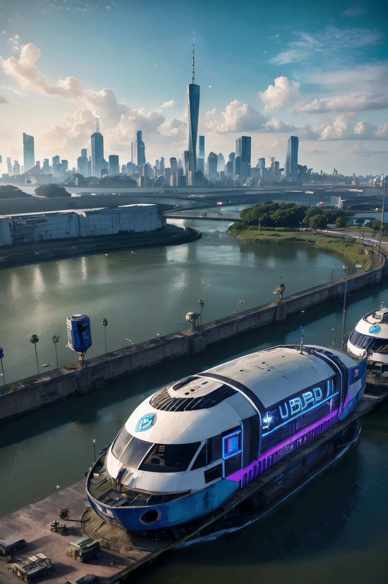 ((Futuro ciberpunk)),imagen del centro de una ciudad ciberpunk,rodeada de edificios con un rio en medio,ferry en la ciudad,ferry amarillo,punte atravesando la ciudad,letreros con publicidad por todas partes,futuro retro