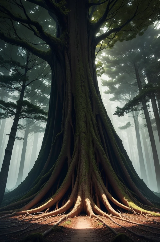 The tree is the central point of the image. She's big, robust and healthy, com detalhes em galhos e tronco, Even in the darkness of the night.The roots of the tree are deep and strong, diving into the ground to impart stability and solid foundation. They intertwine with the land.The environment around the tree is dark and imposing., Conveying mystery and power. The tree stands out in the darkness of the night.Lighting and Night Colors: The lighting is gentle and subtle, highlighting the details of the tree and the night environment. The colors are predominant in dark and mysterious tones, with deep green for the leaves and dark, blackish brown for the trunk and roots.its roots sinking into the dark soil of the night, while small signs of growth and overcoming are visible amidst the darkness.(fechar-se:1.2) (macro:1.1) (obra de arte), (Melhor qualidade), (amazing digital art), dramatic lighting, cores mortas, expertly capturing the essence of an epic cinematic experience. nao adicionar personagem e de enfase nos tons(preto,acinzentado)