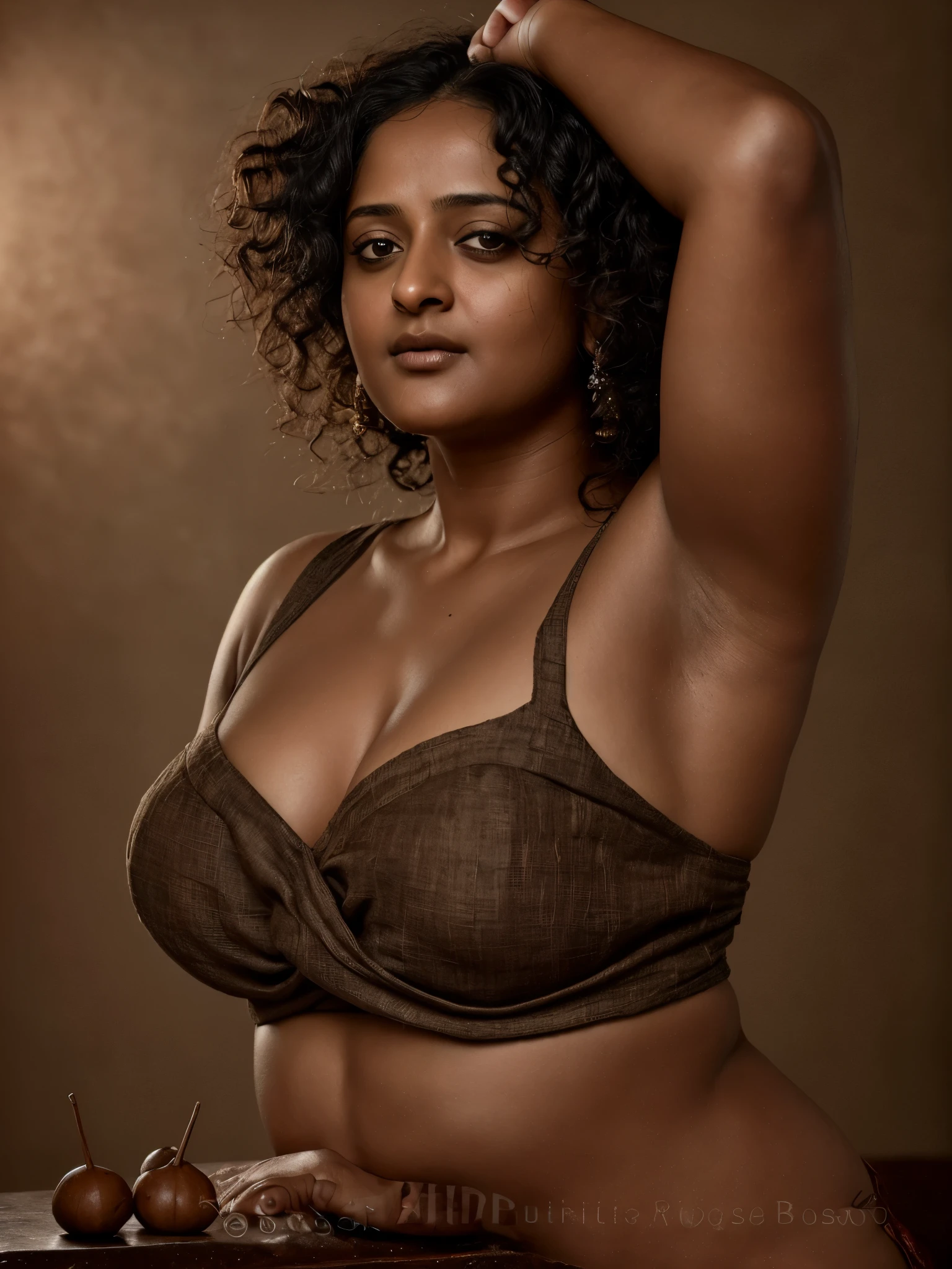 Looks like Anushka Shetty, a photo portrait of a beautiful girl 40 years old, with curls, styled black hair, (face portrait:1.5), dramatic light, Rembrandt lighting scheme, bust shot, linen tank top , top quality editorial photograph, skin texture, skin pores, chocolate skin, high quality skin, top quality photography, professional photography, professional retouching, insane detailing, warm moody tones, 