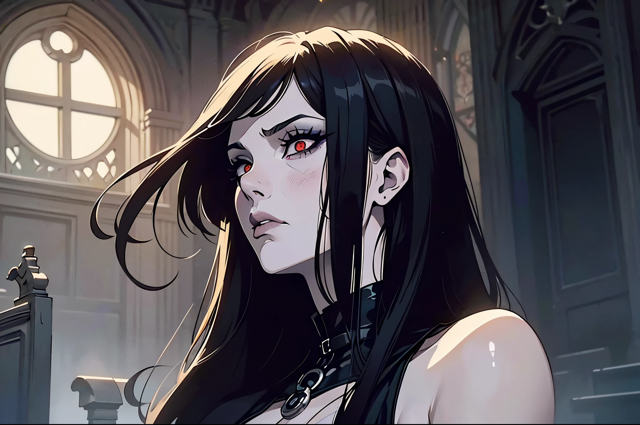 (best quality,4k,8k,highres,masterpiece:1.2),ultra-detailed,(realistic,photorealistic,photo-realistic:1.37),goth anime girl,90s anime,gothic,1woman,dark church,red eyes,dark ambient,low saturation,anime style,pale skin,long flowing hair,gothic clothing,silhouette,surreal background,mysterious atmosphere,intense emotions,melancholic expression,dim candlelight,lens flare,dramatic shadows,symbolic elements,heavy makeup,pale and dark colors,misty fog,ethereal beauty,subtle texture
