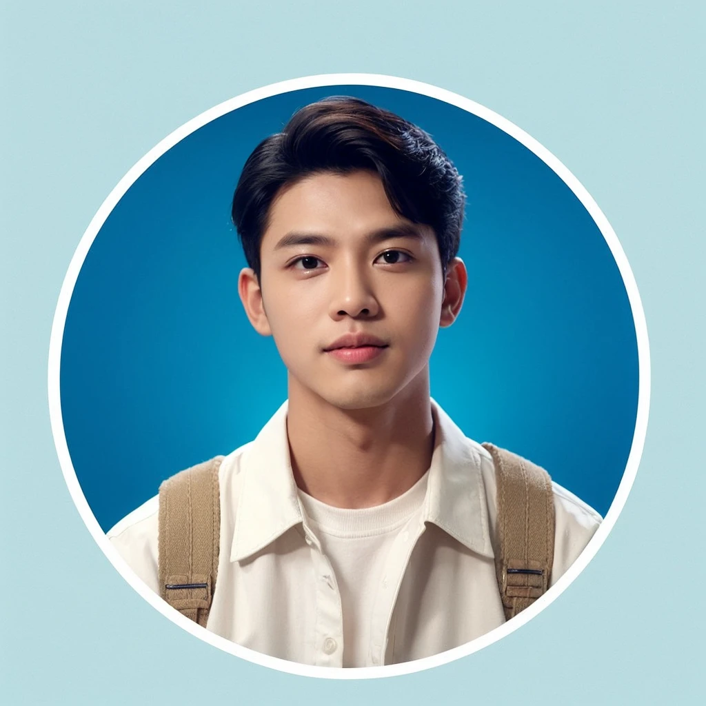 Foto realistis, nyata, animasi 3d. Seorang pria indonesia, mengenakan kemeja putih, menghadap ke kamera, ada bingkai lingkaran berwarna biru,