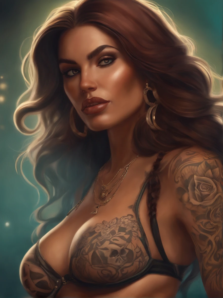 digital painting, 4k, babes, A closeup of a woman in a bikini with tattoos on her body, tatuado and colored, ARTE DE DESENHOS ANIMADOS, tatuado, mulher extremamente detalhada, estilo de arte lowbrow, por Randy Vargas, ARTE DE DESENHOS ANIMADOS style, desenho colorido de alta qualidade, por Eddie Mendoza, skulls on their hips, por Justin Gerard, cartoon style illustration, por Dave Arredondo, desenho animado altamente detalhado, tatuado digital