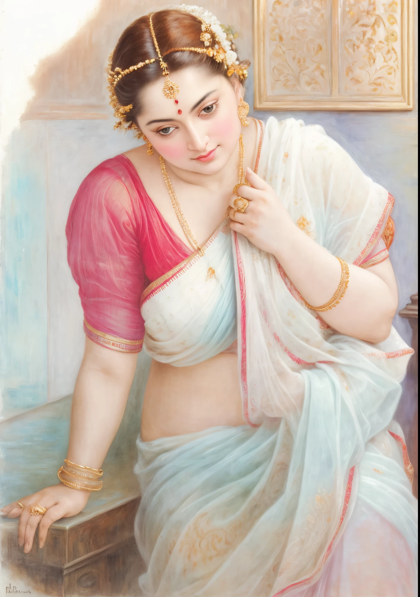 Beautiful Indian Woman, wearing saree, sari Beauty, gorgeous, Apsara, Maharani, royal queen woman, nymph from Hindu Mythology, Urvashi, matchless beauty, Highly detailed, Oil Painting by Peter Paul Rubens inspired by Raja Ravi Varma, Matchless beauty, captivating, gorgeous, heavenly beauty, celestial beauty, by Peter Paul Rubens, 13, realistic, hyper realistic, micro details, incredible artwork, insane details, ultra High resolution, 8k, 32k, acrylic on canvas, intricate, flawless, detailed, detailed face, detailed eyes, masterpiece, by Peter Paul Rubens, by Caravaggio, by William Adolphe bouguereau, perfect face, perfect body, beautiful art, realism, baroque, renaissance Art, highly textured, beautiful and detailed eyes, uhd, best quality,
