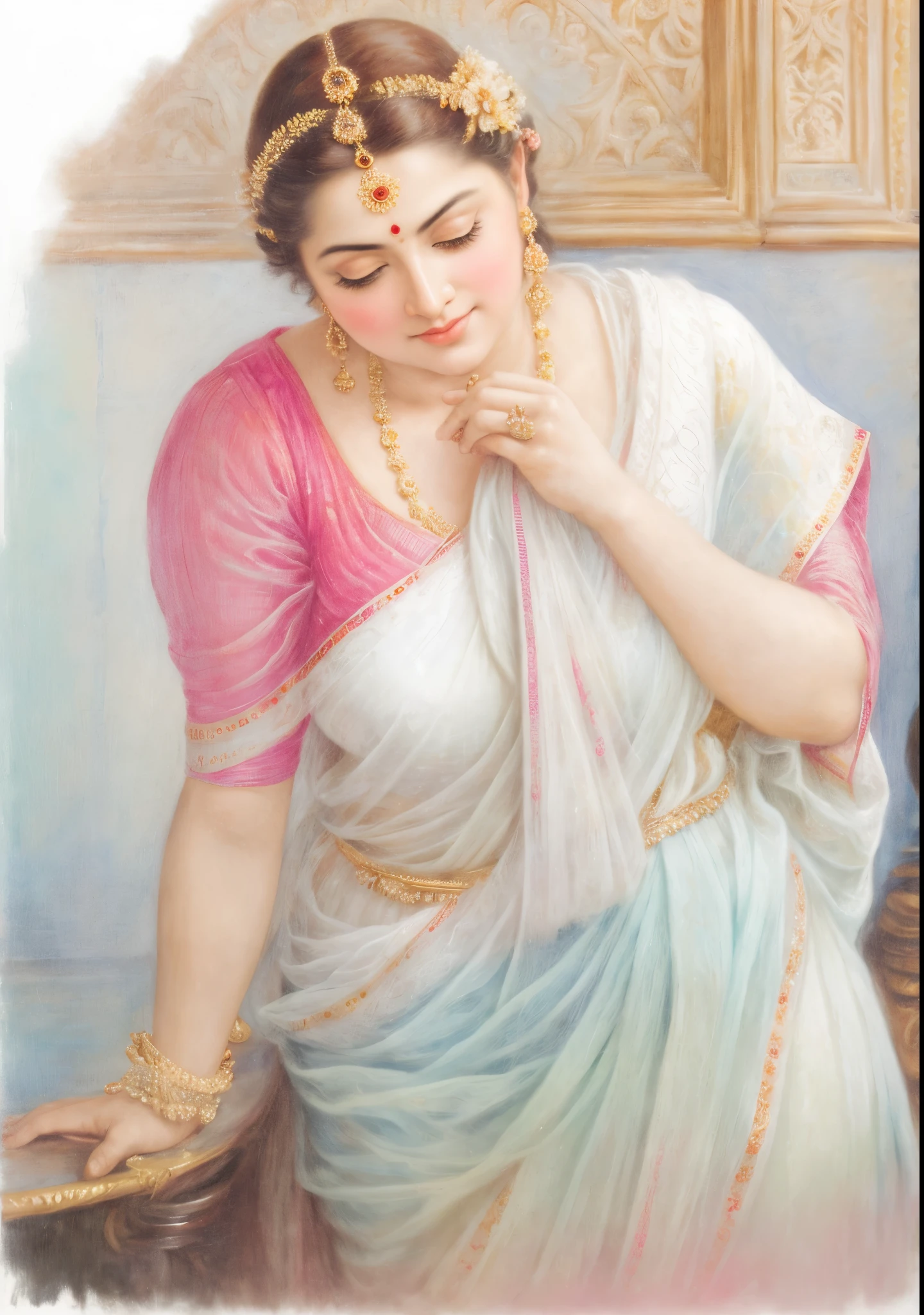 Beautiful Indian Woman, wearing saree, sari Beauty, gorgeous, Apsara, Maharani, royal queen woman, nymph from Hindu Mythology, Urvashi, matchless beauty, Highly detailed, Oil Painting by Peter Paul Rubens inspired by Raja Ravi Varma, Matchless beauty, captivating, gorgeous, heavenly beauty, celestial beauty, by Peter Paul Rubens, 13, realistic, hyper realistic, micro details, incredible artwork, insane details, ultra High resolution, 8k, 32k, acrylic on canvas, intricate, flawless, detailed, detailed face, detailed eyes, masterpiece, by Peter Paul Rubens, by Caravaggio, by William Adolphe bouguereau, perfect face, perfect body, beautiful art, realism, baroque, renaissance Art, highly textured, beautiful and detailed eyes, uhd, best quality,