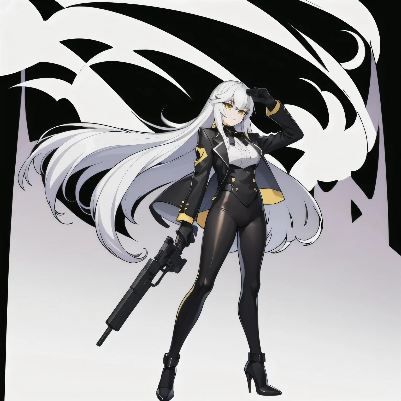 masterpiece, best quality, 1girl, solo, long hair, white hair, looking at viewer, bangs, gloves, suit, point at head, closed mouth, jacket, full body, yellow eyes, pistol, long sleeve, black gloves, black footwear, black suit, arm up, pistol aim head, high heels, white background