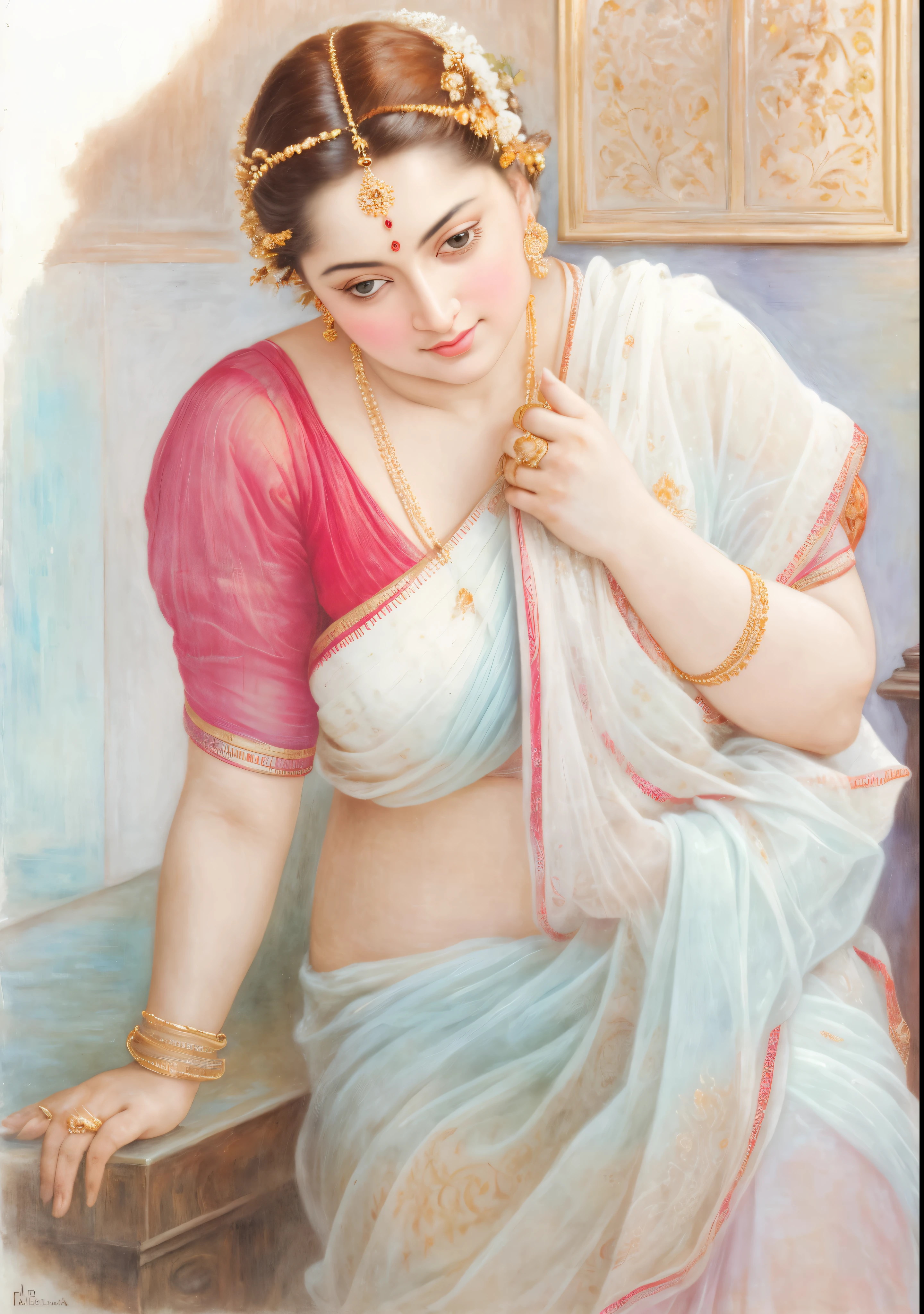 Beautiful Indian Woman, wearing saree, sari Beauty, gorgeous, Apsara, Maharani, royal queen woman, nymph from Hindu Mythology, Urvashi, matchless beauty, Highly detailed, Oil Painting by Peter Paul Rubens inspired by Raja Ravi Varma, Matchless beauty, captivating, gorgeous, heavenly beauty, celestial beauty, by Peter Paul Rubens, 13, realistic, hyper realistic, micro details, incredible artwork, insane details, ultra High resolution, 8k, 32k, acrylic on canvas, intricate, flawless, detailed, detailed face, detailed eyes, masterpiece, by Peter Paul Rubens, by Caravaggio, by William Adolphe bouguereau, perfect face, perfect body, beautiful art, realism, baroque, renaissance Art, highly textured, beautiful and detailed eyes, uhd, best quality,