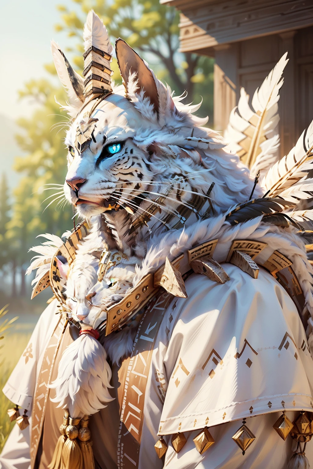 A majestic white anthropomorphic cat sits with a full-faced expression, adorned in intricate feather headdress and war paint. Dressed in western-style clothing, this regal feline embodies the spirit of the Indian tribe, exuding wisdom and strength.