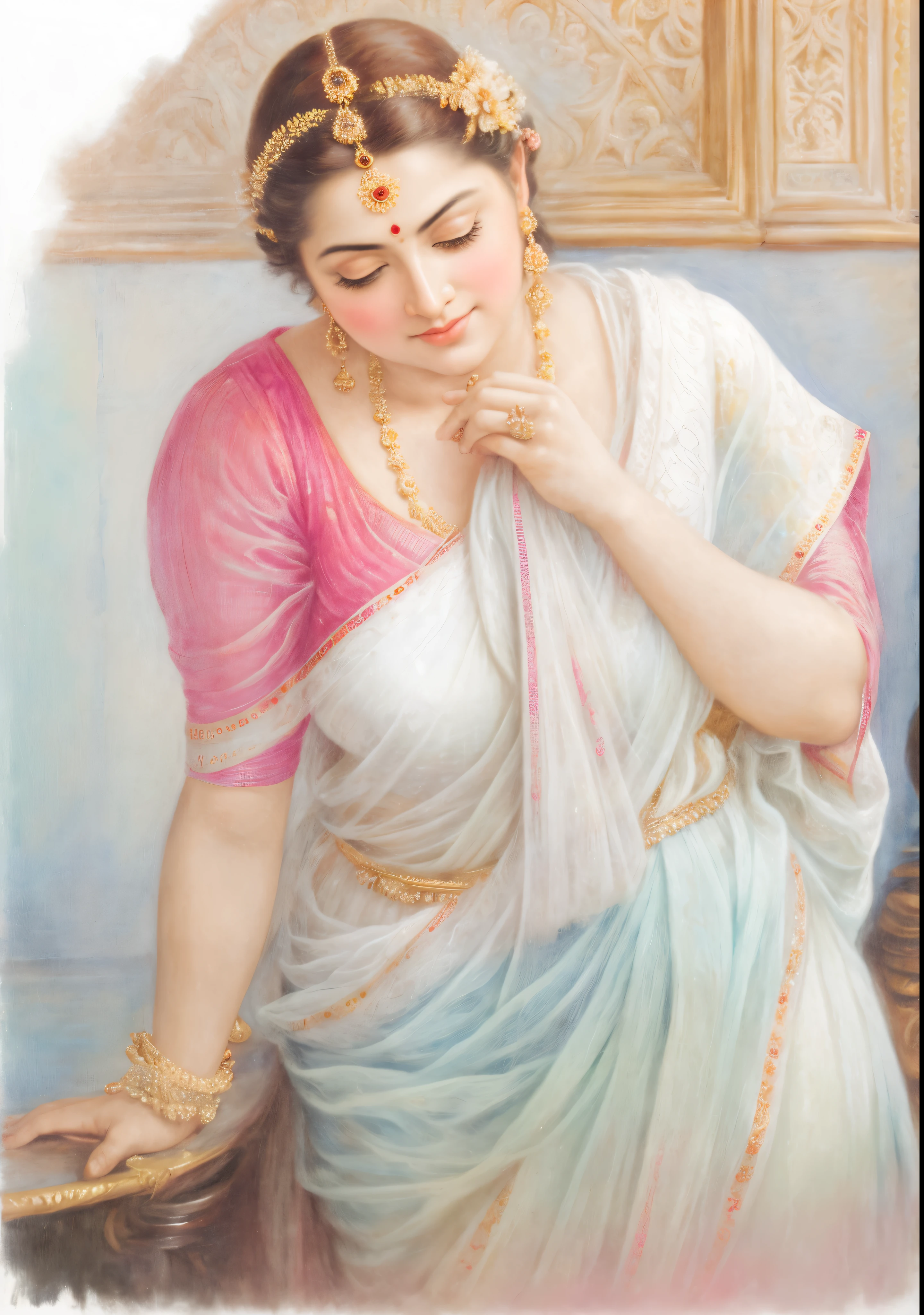 Beautiful Indian Woman, wearing saree, sari Beauty, gorgeous, Apsara, Maharani, royal queen woman, nymph from Hindu Mythology, Urvashi, matchless beauty, Highly detailed, Oil Painting by Peter Paul Rubens inspired by Raja Ravi Varma, Matchless beauty, captivating, gorgeous, heavenly beauty, celestial beauty, by Peter Paul Rubens, 13, realistic, hyper realistic, micro details, incredible artwork, insane details, ultra High resolution, 8k, 32k, acrylic on canvas, intricate, flawless, detailed, detailed face, detailed eyes, masterpiece, by Peter Paul Rubens, by Caravaggio, by William Adolphe bouguereau, perfect face, perfect body, beautiful art, realism, baroque, renaissance Art, highly textured, beautiful and detailed eyes, uhd, best quality,
