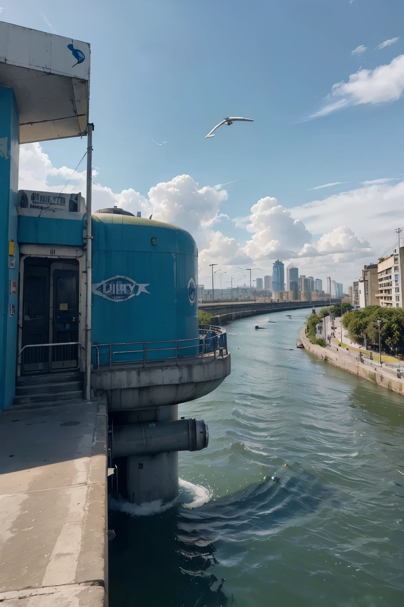 ((Futuro ciberpunk)),imagen del centro de una ciudad ciberpunk,rodeada de edificios con un rio en medio,ferry en la ciudad,ferry amarillo,punte atravesando la ciudad,letreros con publicidad por todas partes,futuro retro