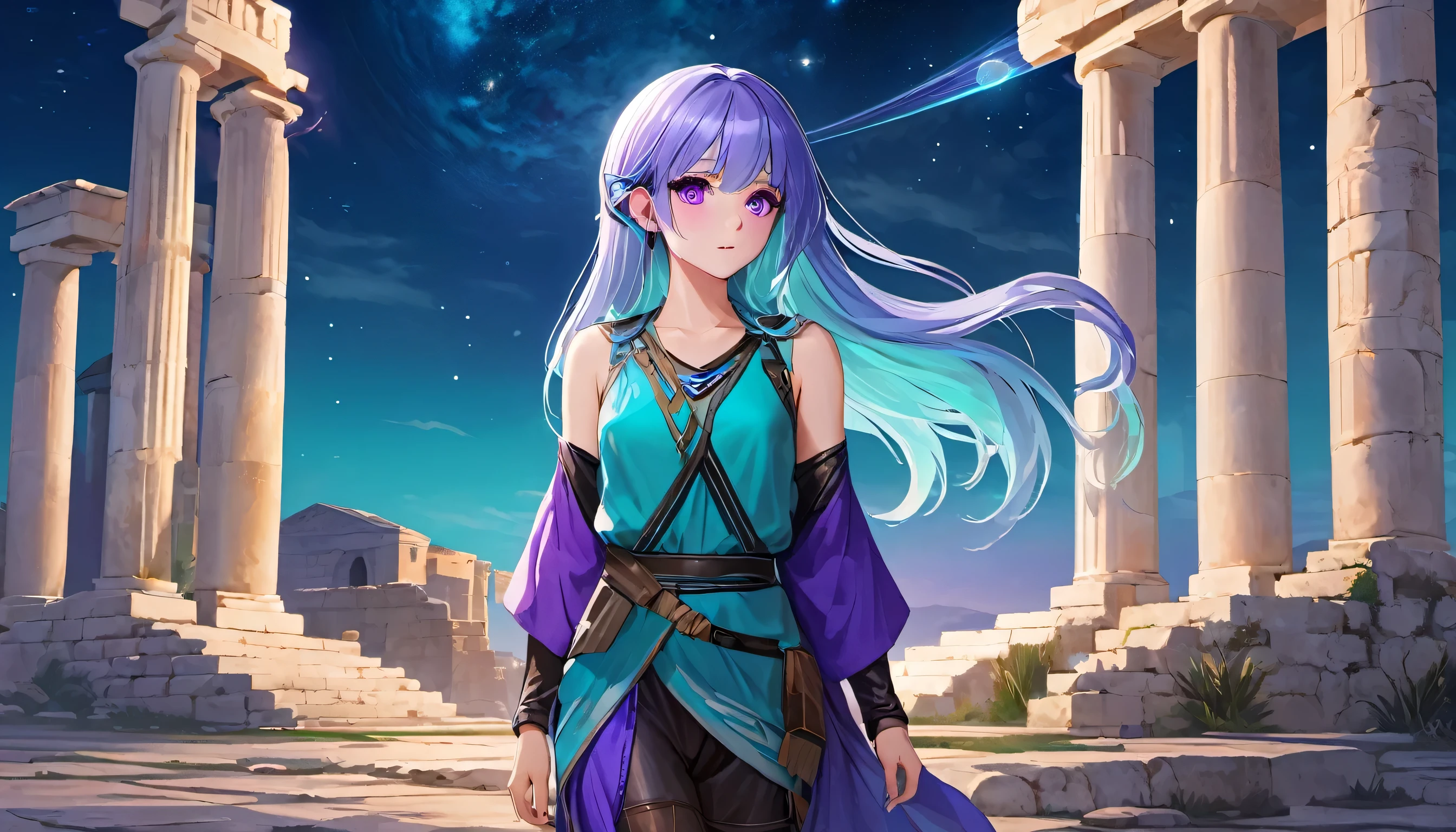 Masterpiece. High-resolution. 1girl about 20 years old. Pretty beautiful girl. Pretty big purple eyes. Delicate face. Long light blue hair. Straight hair. Messy hair. Hair bangs. Turquoise tunic. Purple tide pants. Leather boots. Greek ruins background with cosmic skies.
