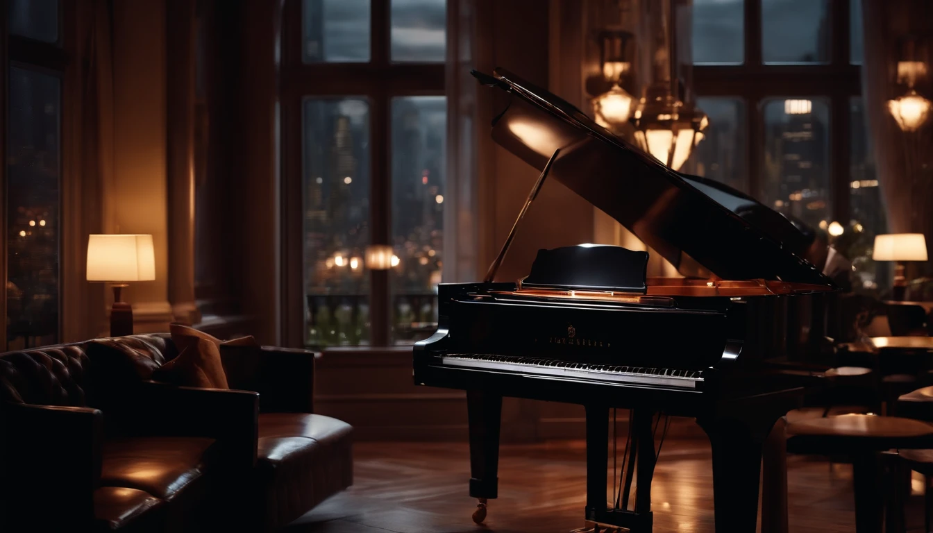 create a comprehensive image in low light, of a cozy restaurant with a grand piano in the center, with a large glass window in the background with rain dripping drops on the glass and the city lit up in the background. ultra realistic image, 4k