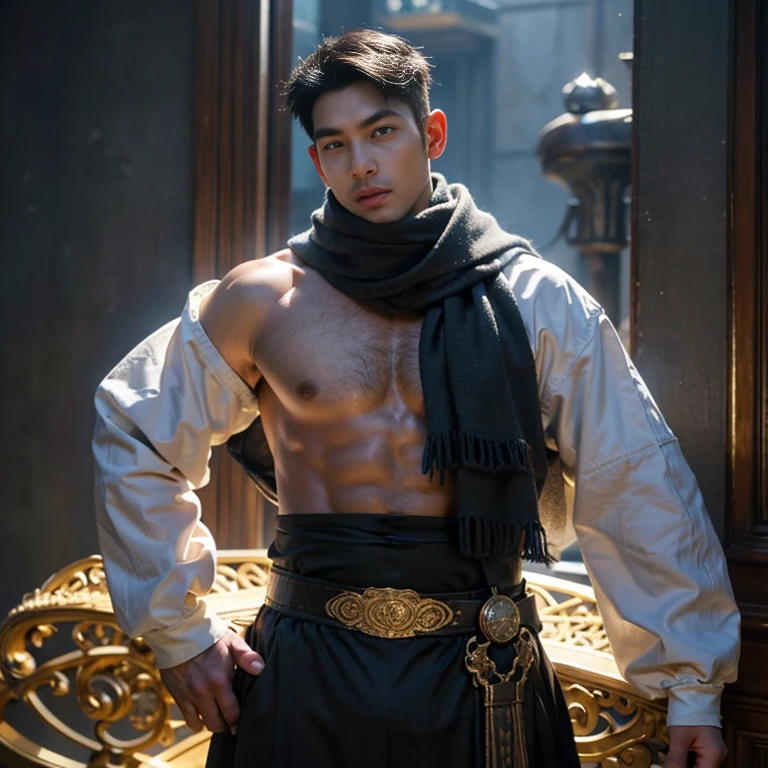 top-quality、masterpiece、超A high resolution、(realisitic:1.4)、Detailed face、solo、1human male、The upper part of the body、Dark hair、glistning skin、dense skin、(asian human)、architectural、(absurderes、hight resolution、ultra-detailliert)、、1 male、Adults、(a 25-year-old man)、a handsome、tall muscular man、broad shoulder、extra very short hair、angular jaws、thick neck、thick eyebrow、extra very short hair、A dark-haired、fine eyes and detailed face、 Highly detailed CG Unity 8K wallpapers、intricate-detail、(Style Swirl Magic:0.7)、looking at the spectator、solo、(full body Esbian:0.6)、Detailed background、A detailed face、dynamicposes、、dynamic compositions、 big muscle、、((((bulge))))、a handsome、 ((masutepiece:1.4, Best Quality)), ((masutepiece, Best Quality)), (photographrealistic:1.4)、(((Sorcerer)))、grin, Surfing,、a smirk、Sunny and cloudy sky、(Complex blue long sleeve enchantment costume), scarf, the costume is too much revealing the tskin and thighs, fantasy Library Background:1.2), Photorealistic、cana、magic circles