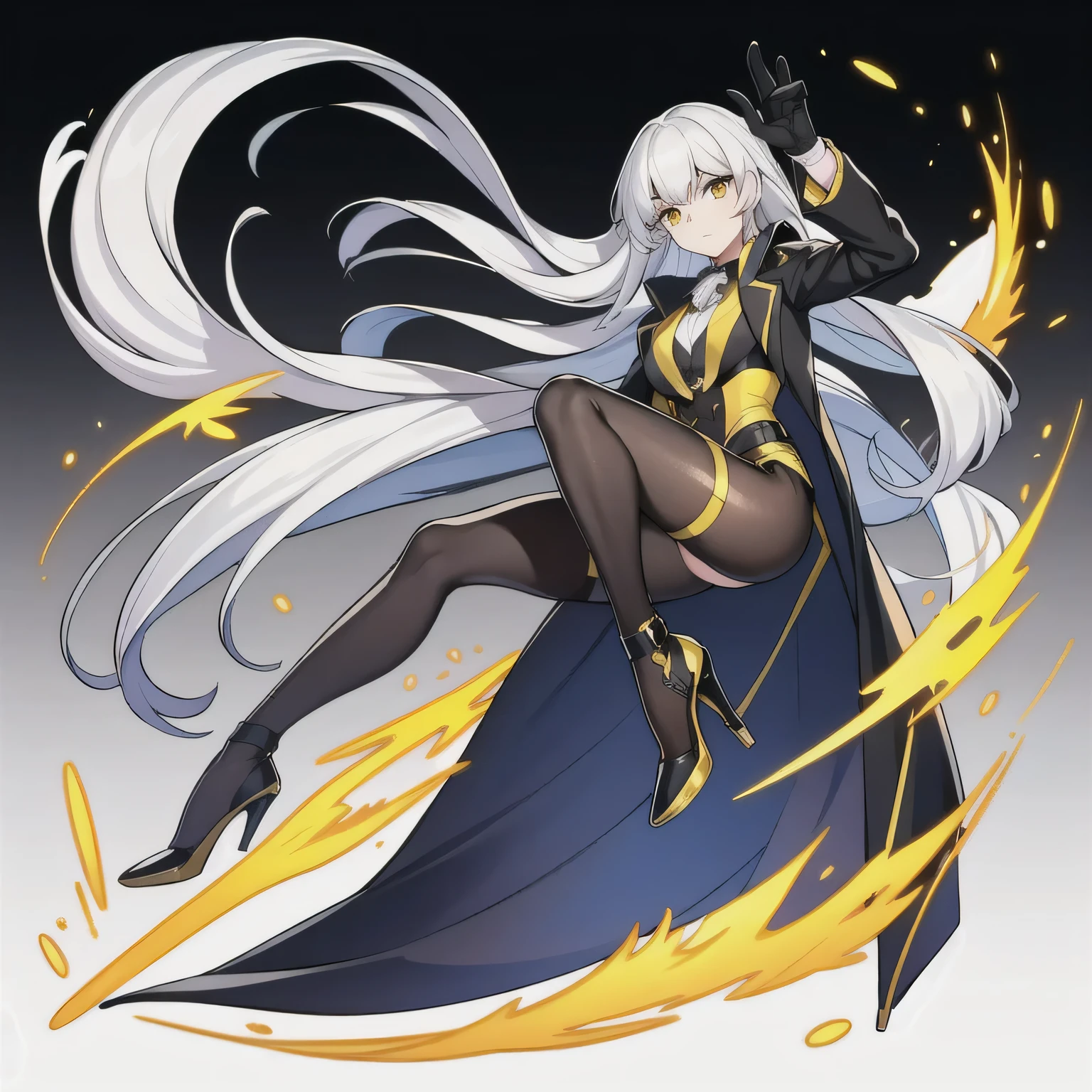 masterpiece, best quality, 1girl, solo, smooth face, long hair, white hair, looking at viewer, bangs, gloves, suit, point at head, closed mouth, jacket, full body, yellow eyes, pistol, long sleeve, black gloves, black footwear, black suit, arm up, pistol aim head, high heels, white background