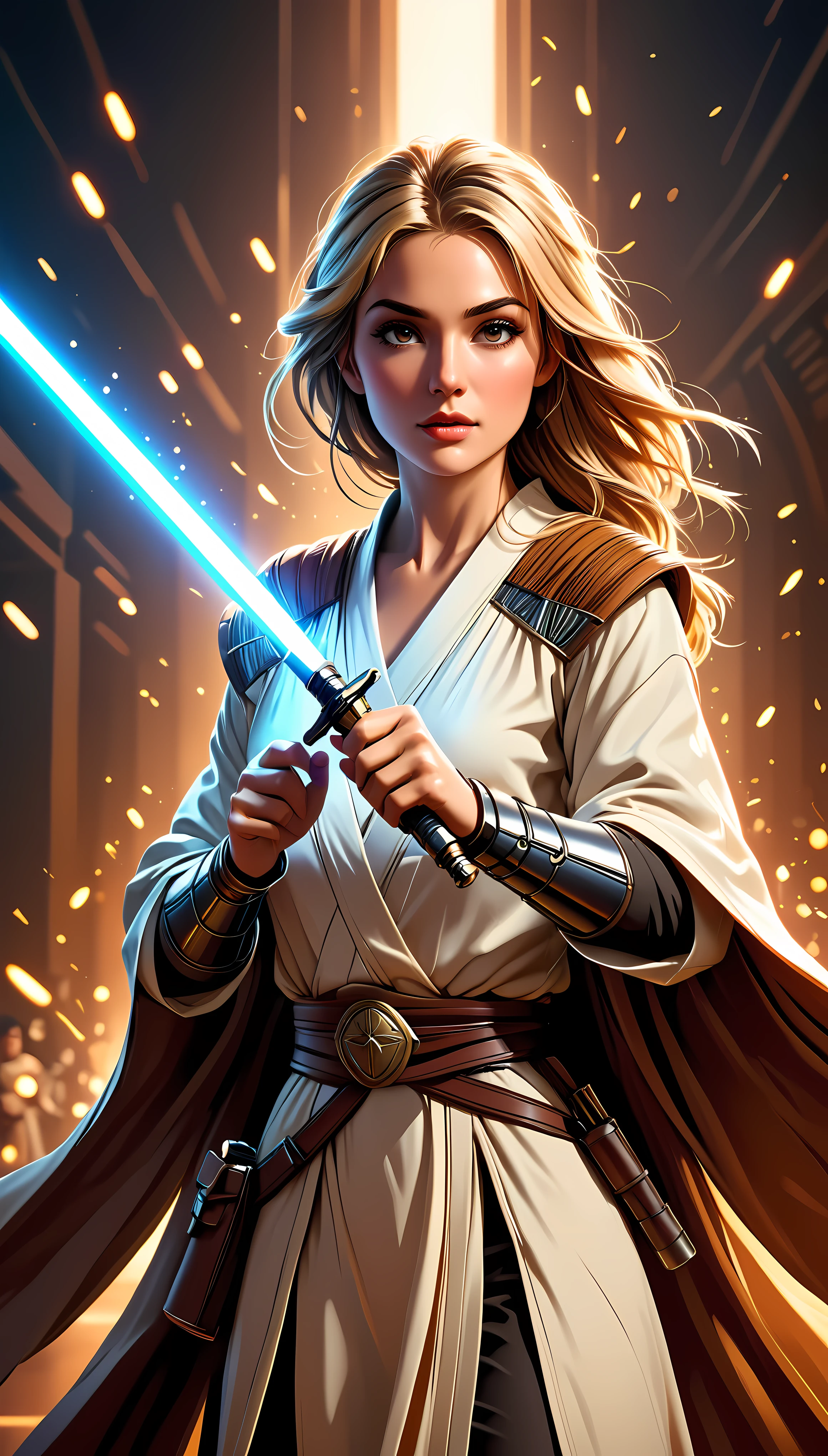 ((Masterpiece in maximum 16K resolution):1.6), ((vector cartoon illustration:)1.5), ((Vector art):1.4), ((Geometric style and minimalism):1.5), ((Wide angle painting):1.2) | (Cinematic photo of a fighting Female Jedi), (Supermodel beauty with braided blonde hair and aquiline nose), ((Full body):1.2), ((Jedi Robe):1.2), ((Light Sabre):1.3), ((tyndall effect):1.1), ((golden hour):1.2), ((sense of action):1.1), (shimmer), (visual experience), (Realism), (Realistic), award-winning graphics, dark shot, film grain, extremely detailed, Digital Art, rtx, Unreal Engine, scene concept anti glare effect, All captured with sharp focus. Rendered in ultra-high definition with UHD and retina quality, this masterpiece ensures anatomical correctness and textured skin with super detail. With a focus on high quality and accuracy, this award-winning portrayal captures every nuance in stunning 16k resolution, immersing viewers in its lifelike depiction. Avoid extreme angles or exaggerated expressions to maintain realism. ((perfect_composition, perfect_design, perfect_layout, perfect_detail, ultra_detailed)), ((enhance_all, fix_everything)), More Detail, Enhance. Rendered in ultra-high definition with UHD and retina quality, this masterpiece ensures anatomical correctness and textured skin with super detail. With a focus on high quality and accuracy, this award-winning portrayal captures every nuance in stunning 16k resolution, immersing viewers in its lifelike depiction. Avoid extreme angles or exaggerated expressions to maintain realism. ((perfect_composition, perfect_design, perfect_layout, perfect_detail, ultra_detailed)), ((enhance_all, fix_everything)), More Detail, Enhance.