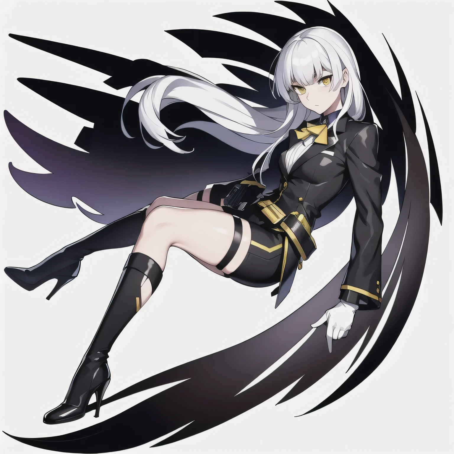 masterpiece, best quality, 1girl, solo, smooth face, long hair, white hair, looking at viewer, bangs, gloves, suit, point at head, closed mouth, jacket, full body, yellow eyes, pistol, long sleeve, black gloves, black footwear, black suit, arm up, pistol aim head, high heels, white background