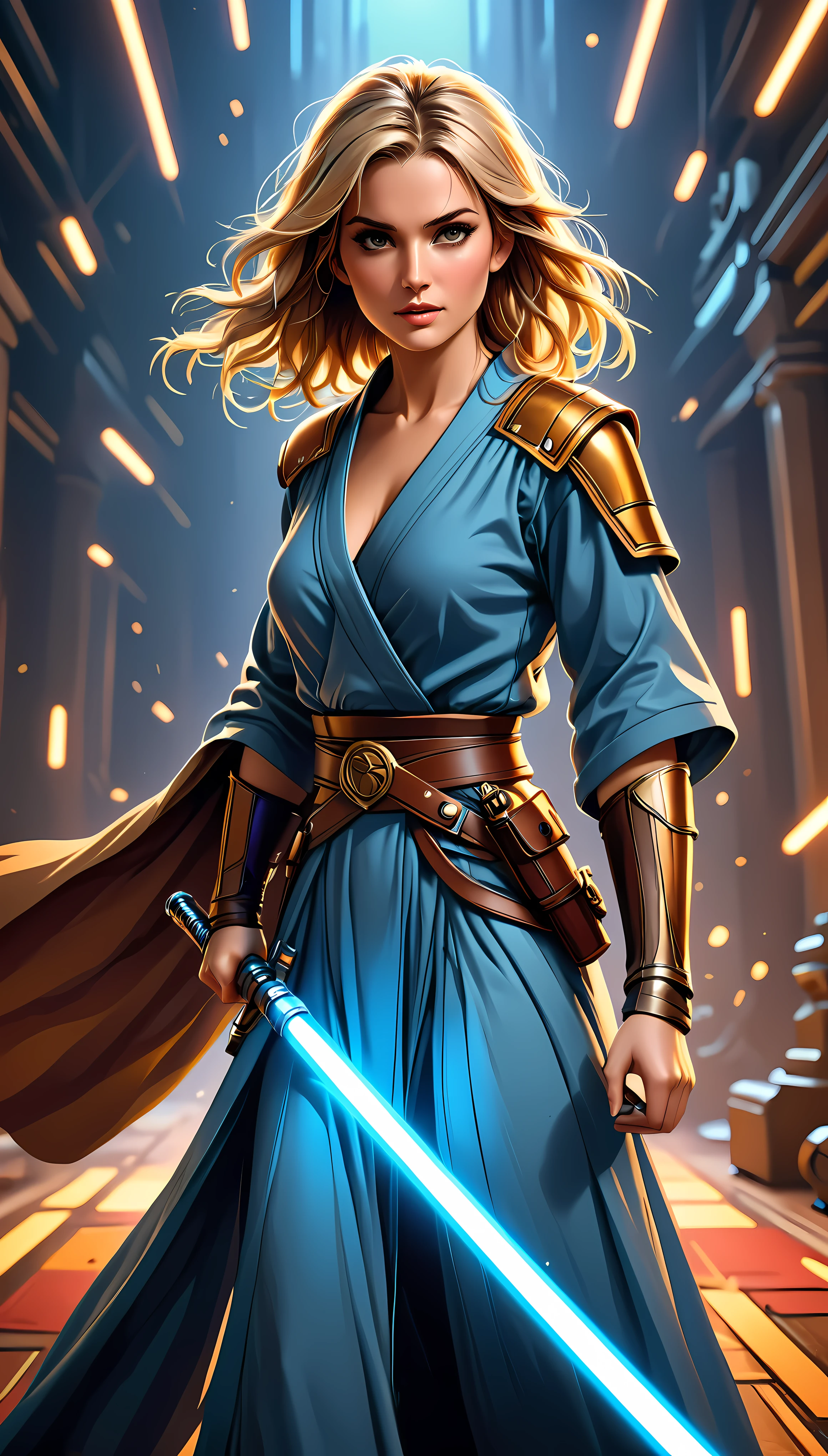 ((Masterpiece in maximum 16K resolution):1.6), ((vector cartoon illustration:)1.5), ((Vector art):1.4), ((Geometric style and minimalism):1.5), ((Wide angle painting):1.2) | (Cinematic photo of a fighting Female Jedi), (Supermodel beauty with braided blonde hair and aquiline nose), ((Full body):1.2), ((Jedi Robe):1.2), ((Light Sabre):1.3), ((tyndall effect):1.1), ((golden hour):1.2), ((sense of action):1.1), (shimmer), (visual experience), (Realism), (Realistic), award-winning graphics, dark shot, film grain, extremely detailed, Digital Art, rtx, Unreal Engine, scene concept anti glare effect, All captured with sharp focus. Rendered in ultra-high definition with UHD and retina quality, this masterpiece ensures anatomical correctness and textured skin with super detail. With a focus on high quality and accuracy, this award-winning portrayal captures every nuance in stunning 16k resolution, immersing viewers in its lifelike depiction. Avoid extreme angles or exaggerated expressions to maintain realism. ((perfect_composition, perfect_design, perfect_layout, perfect_detail, ultra_detailed)), ((enhance_all, fix_everything)), More Detail, Enhance. Rendered in ultra-high definition with UHD and retina quality, this masterpiece ensures anatomical correctness and textured skin with super detail. With a focus on high quality and accuracy, this award-winning portrayal captures every nuance in stunning 16k resolution, immersing viewers in its lifelike depiction. Avoid extreme angles or exaggerated expressions to maintain realism. ((perfect_composition, perfect_design, perfect_layout, perfect_detail, ultra_detailed)), ((enhance_all, fix_everything)), More Detail, Enhance.