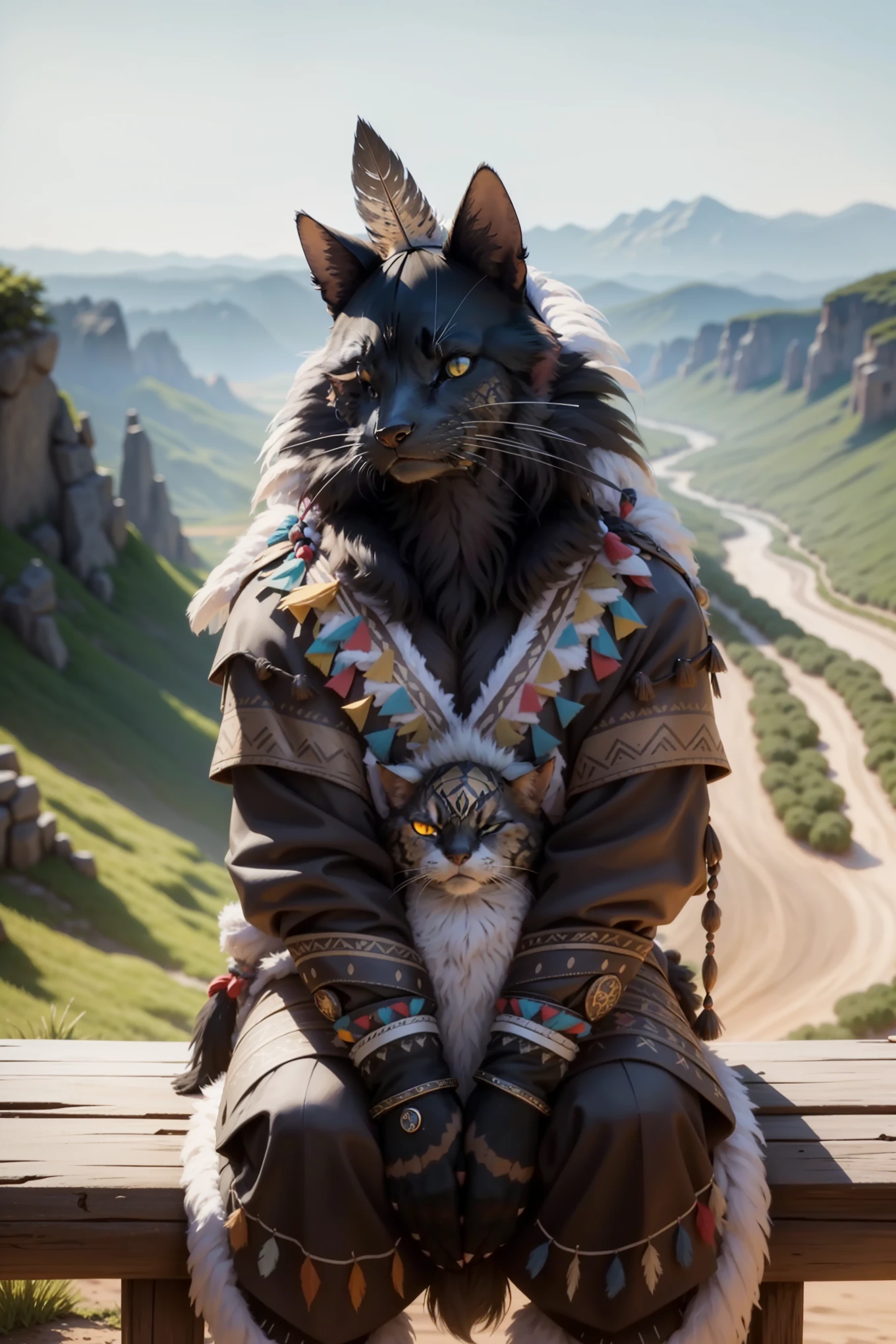 A black anthropomorphic cat, with a full face expression, sits proudly on a rugged wooden chair. Dressed in the traditional attire of Native American tribes, the cat wears a feather headdress, adorned with vibrant feathers, and intricate war paint patterns on its face. Its eyes are intensely focused, and its piercing gaze conveys a sense of wisdom and stoicism. The scene is set against a backdrop of a Western-style landscape, with sun-kissed plains stretching out as far as the eye can see.