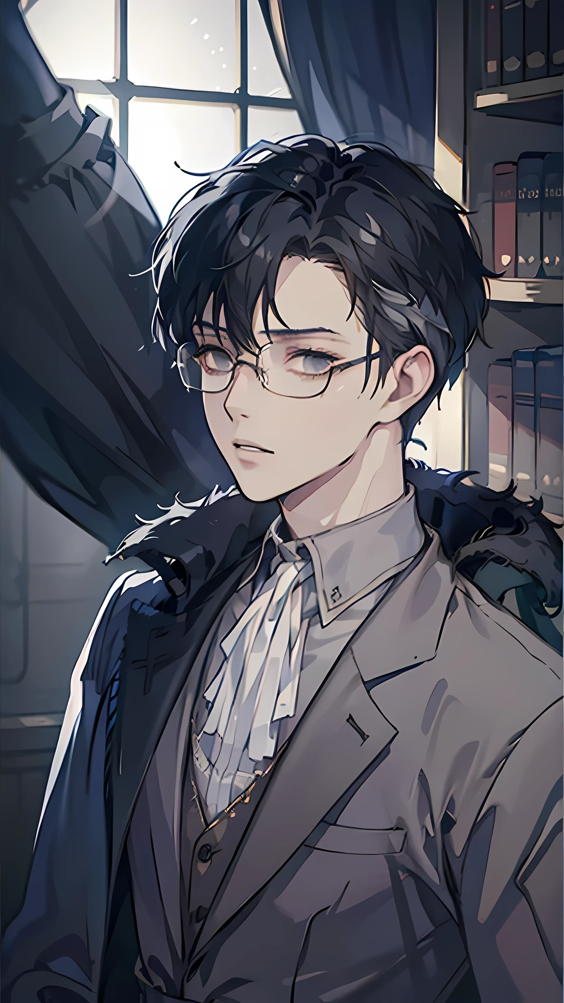 man, (black hair slightly shorter than the shoulders fluffy haircut curtains: 1), gray eyes, round silver glasses, gloomy lighting, library, calm facial expression),illustration, detailed and realistic, high resolution, concept artist, muted color palette, batler, dark light, gloomy lighting, anime style