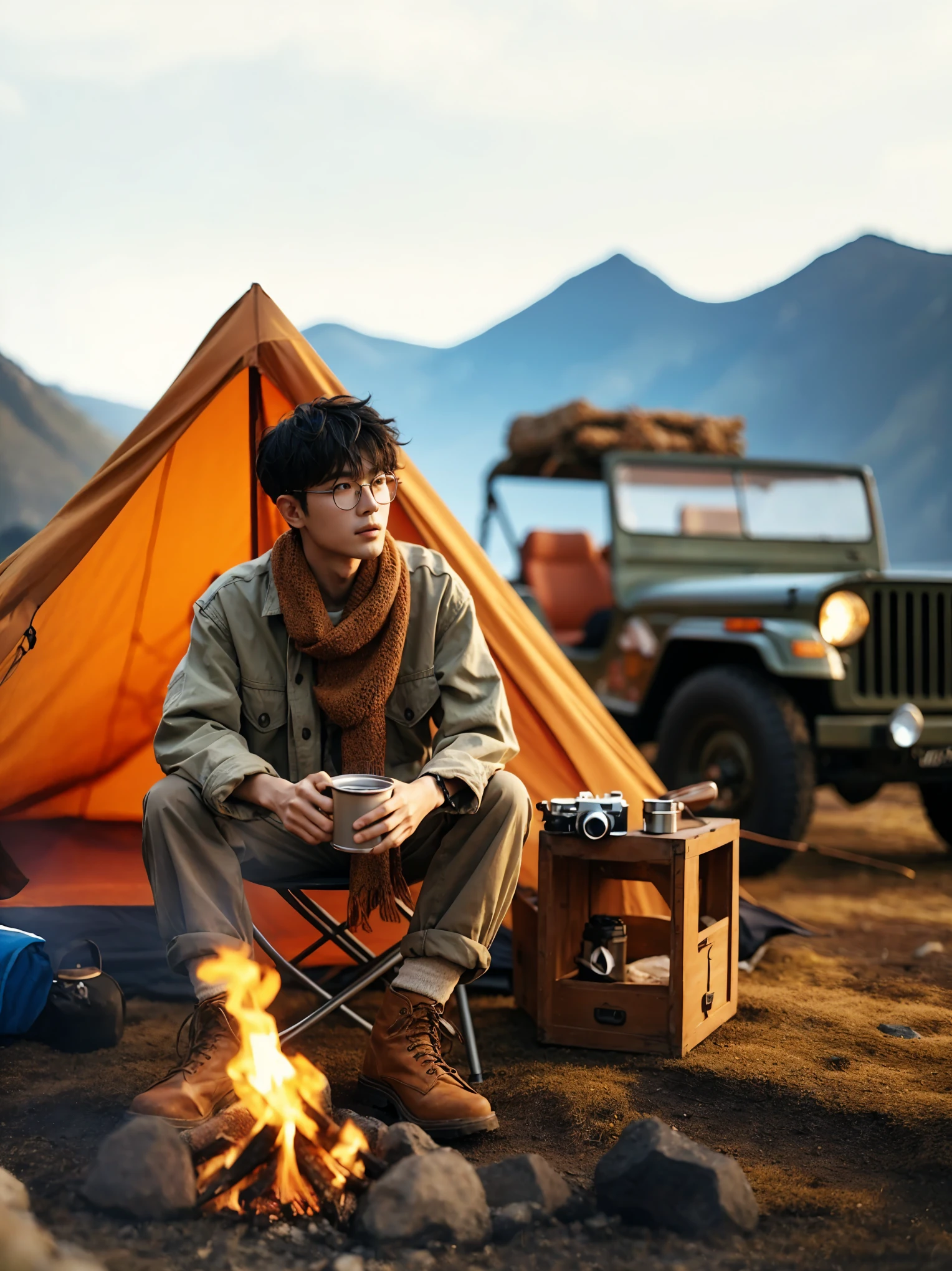 there is a man sitting next to a campfire with a camera, portrait shot, captured on canon eos r 6, (fire), camping, cinematic. by leng jun, jinyoung shin, outdoor fine photography, mid shot portrait, travel and adventure, best on adobe stock, siwoo kim, he is at camp, hiking clothes, photo portrait