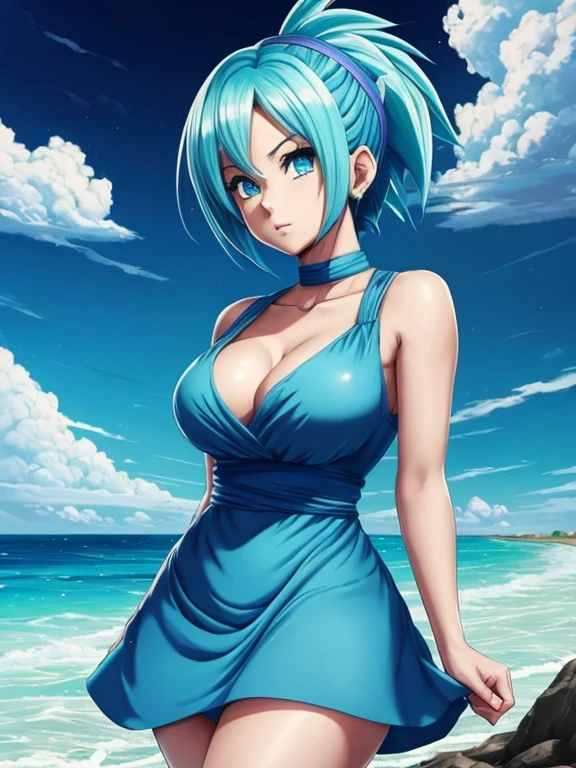 digital painting, 4k, babes, um close de um desenho animado de uma mulher com um vestido azul, Bulma de Dragon Ball, mulher de cabelo azul curto, garota saiyajin, goku feminino, anime mulher arte de corpo inteiro, protagonista feminina 👀 :8, pin on anime, fubuki, she has pale blue skin!!!, garota de anime chamada Lucy, Sona is slender, Vestido de azul