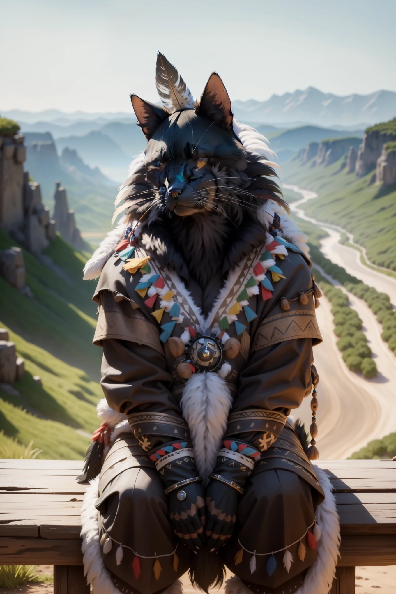 A black anthropomorphic cat, with a full face expression, sits proudly on a rugged wooden chair. Dressed in the traditional attire of Native American tribes, the cat wears a feather headdress, adorned with vibrant feathers, and intricate war paint patterns on its face. Its eyes are intensely focused, and its piercing gaze conveys a sense of wisdom and stoicism. The scene is set against a backdrop of a Western-style landscape, with sun-kissed plains stretching out as far as the eye can see.