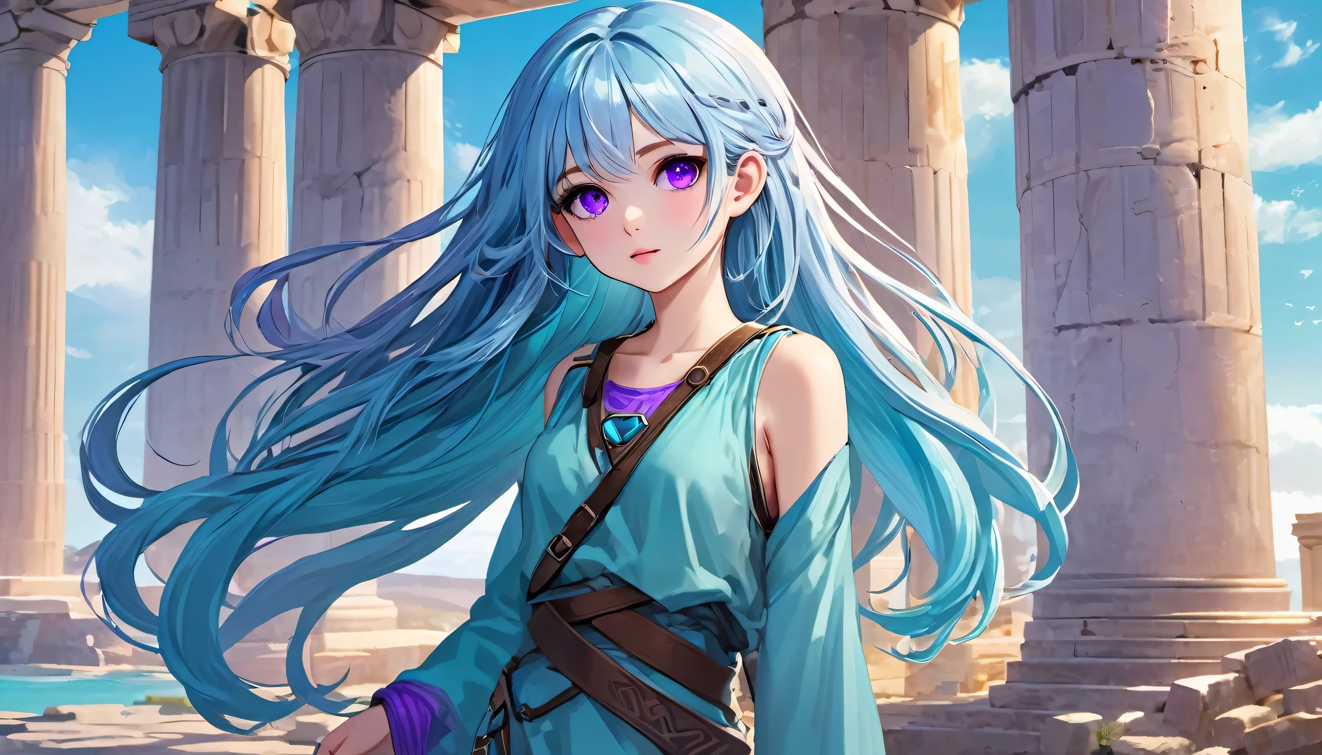 Masterpiece. High-resolution. 1girl about 20 years old. Pretty beautiful girl. Pretty big purple eyes. Delicate face. (((Long light blue hair))). Straight hair. Messy hair. Hair bangs. Turquoise tunic. Purple tide pants. Leather boots. Greek ruins background with cosmic skies.
