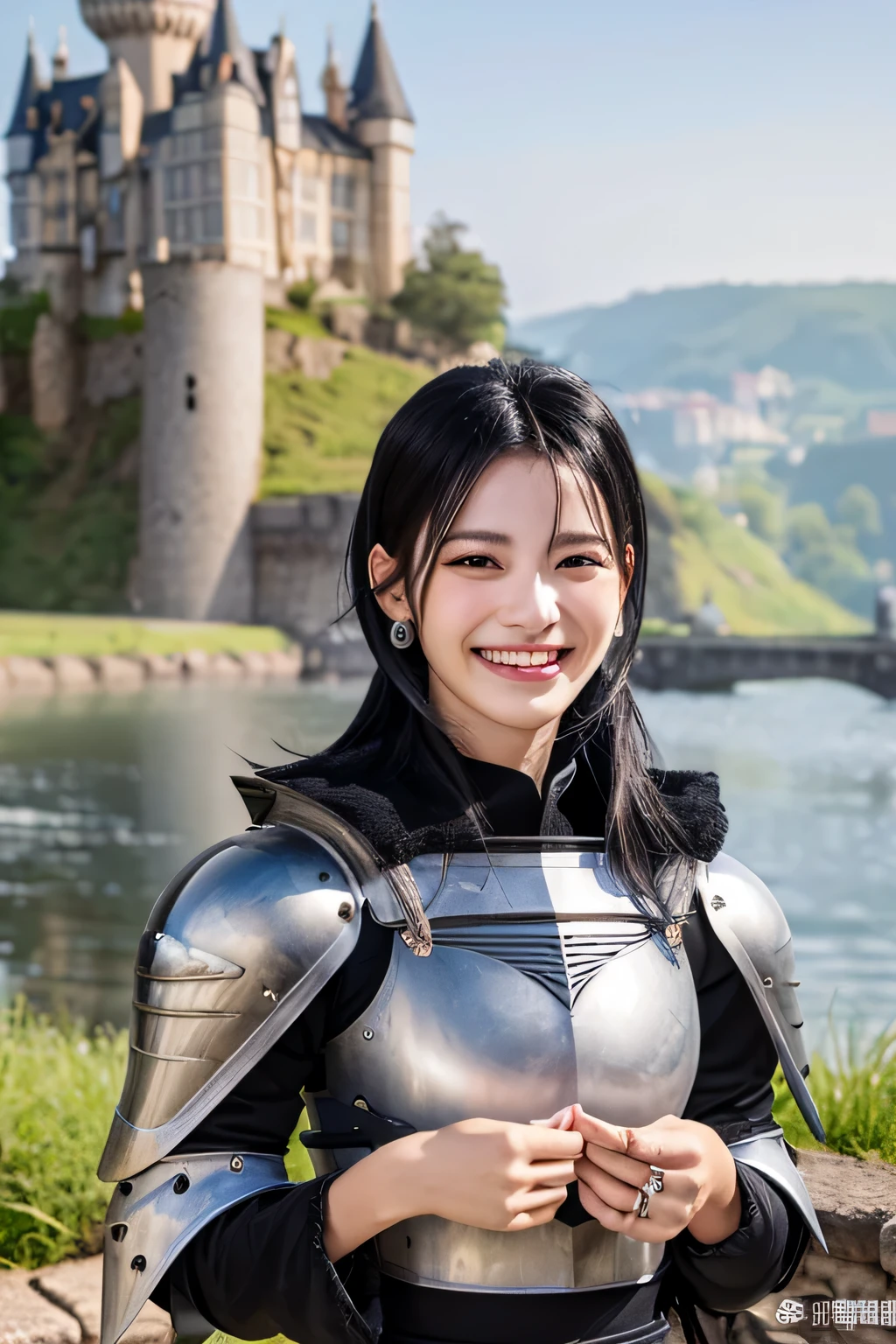 ８Ｋ、highest quality、female knight、The background is a castle、Luxurious Silver Armor、heavy equipment、black hair、hairstyle shortcut、smile、beautiful teeth、full body photo、ear piercing