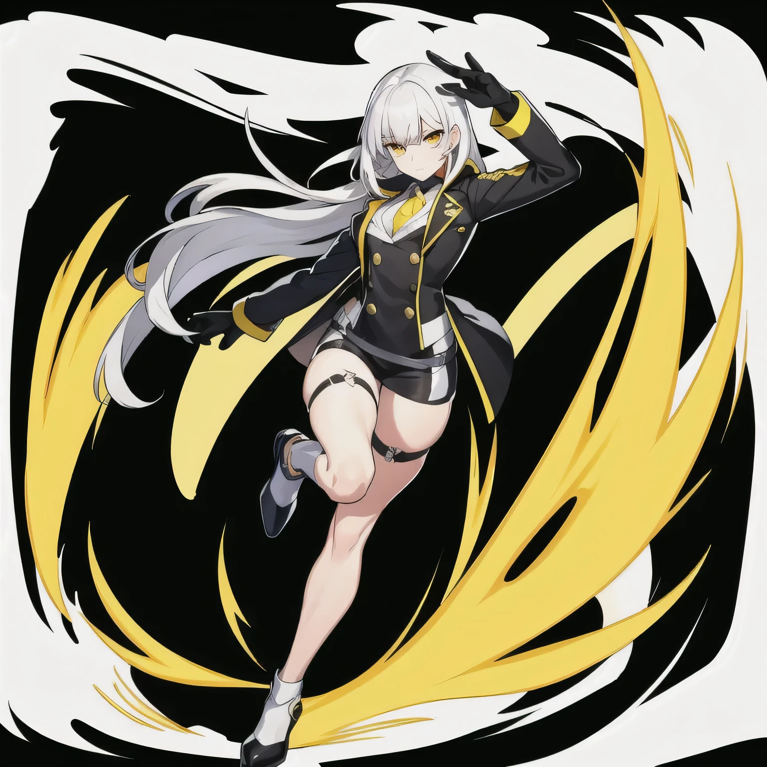 masterpiece, best quality, 1girl, solo, smooth face, long hair, white hair, looking at viewer, bangs, gloves, suit, point pistol at head, closed mouth, jacket, full body, yellow eyes, pistol, long sleeve, black gloves, black footwear, black suit, arm up, pistol aim at head, high heels, white background