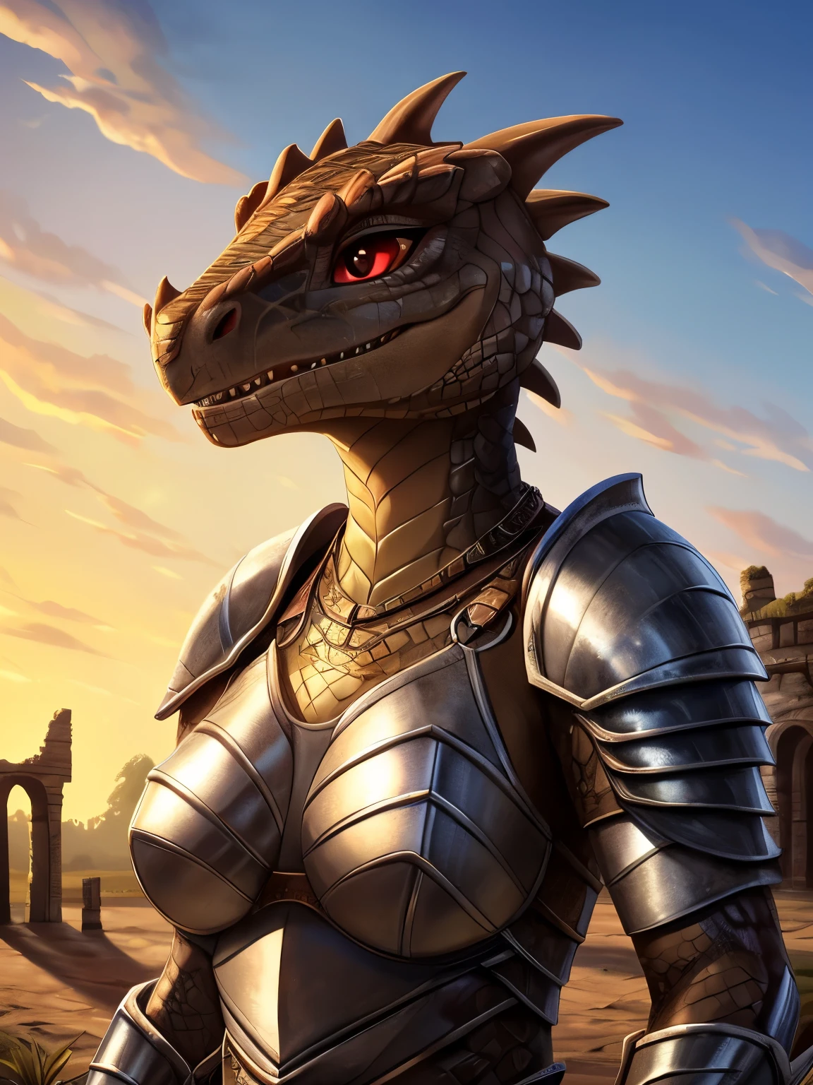(by whisperingfornothing), solo, female,argonian,reptile,detailed female anthro argonian, detailed background, (cinematic lighting:1.1), (perfect focus:1.1), 8k hd, photo, (detailed eyes:1.2), perfect breasts, wide angle,(armor, light armor, leather armor), bright colors, (scale detail:1.3),countryside, natural landscape, ancient ruins,sky,clouds,((tailcrocodile tail,short tail)),smile, beach background,(scales), (realistic scales),((brown body,brown scales, brown skin)),((red eyes, beautiful eyes,pixar eyes))