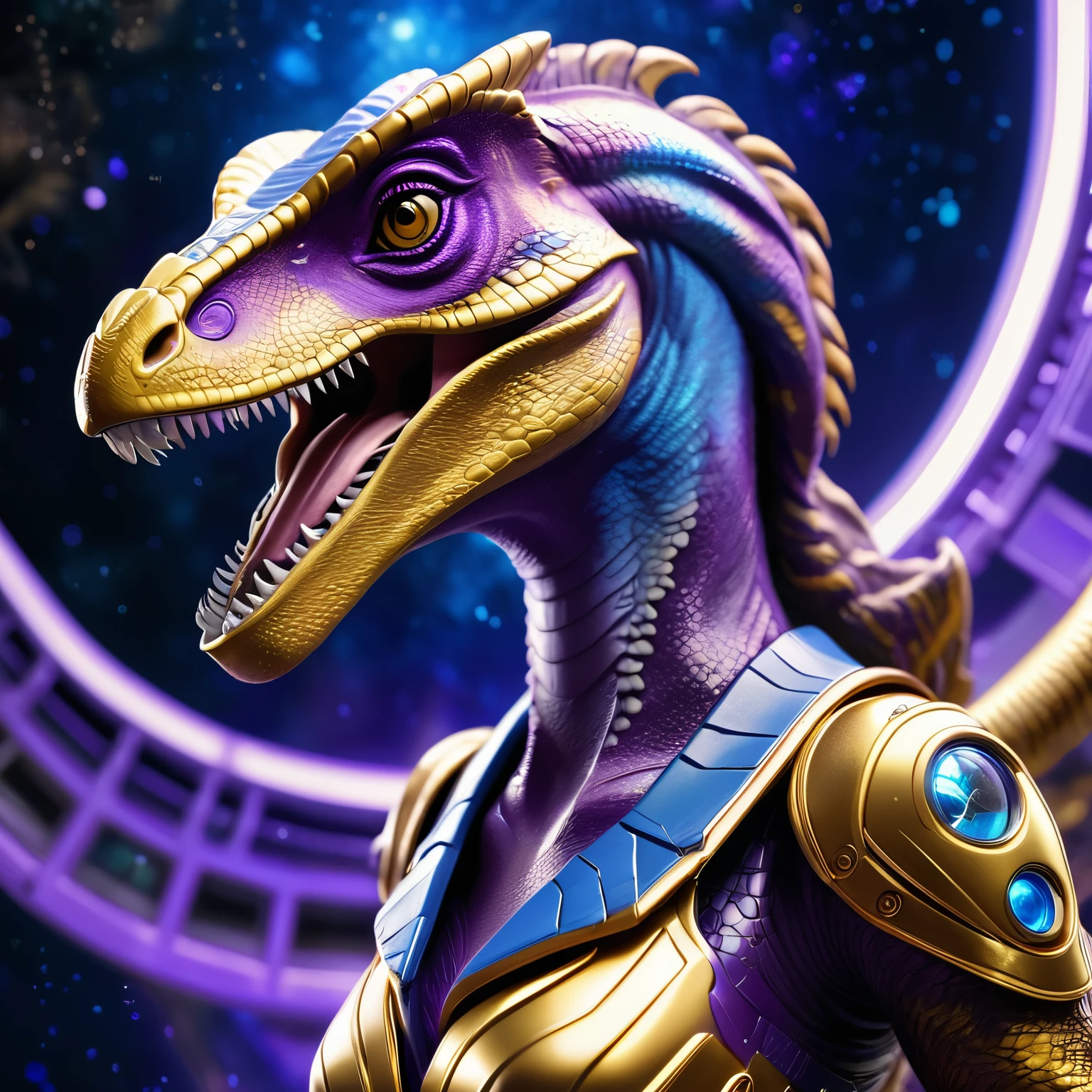 Mechanical velociraptors，glowing, aura, golden, photorealestic，anthropomorphic velociraptor，goddess, Role setting，Ultra-detailed graphics，Delicate face，8K，MagazineCover，Galaxy background decoration，intense color contrast，The color is bright，Blue-violet tones, blurple, wide-angle, galaxy, stars, universe, 