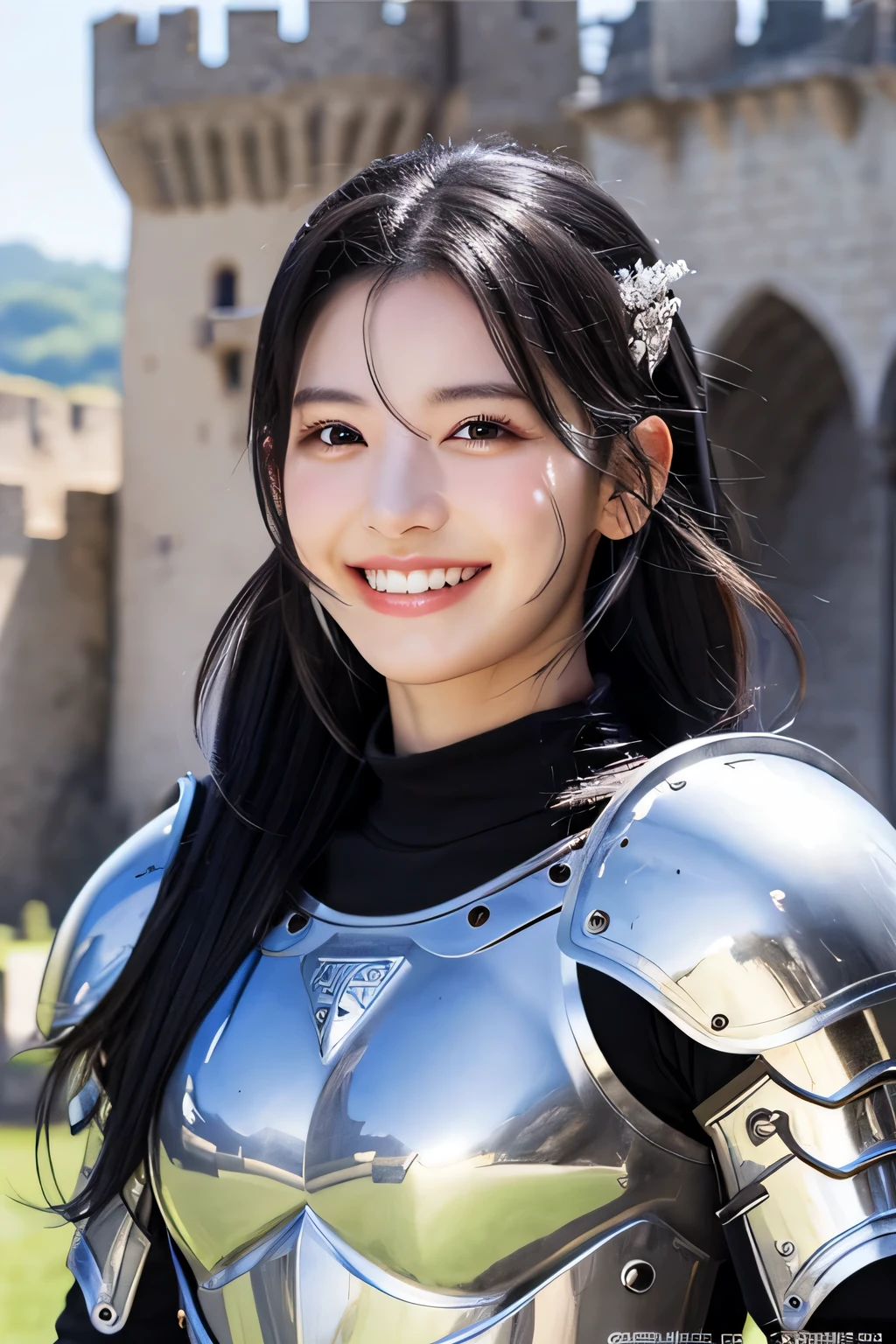 ８Ｋ、highest quality、female knight、The background is a castle、Luxurious Silver Armor、heavy equipment、black hair、hairstyle shortcut、smile、beautiful teeth、full body photo、ear piercing