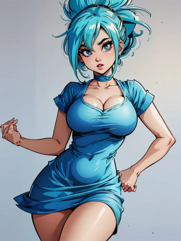 digital painting, 4k, babes, um close de um desenho animado de uma mulher com um vestido azul, Bulma de Dragon Ball, mulher de cabelo azul curto, garota saiyajin, goku feminino, anime mulher arte de corpo inteiro, protagonista feminina 👀 :8, pin on anime, fubuki, she has pale blue skin!!!, garota de anime chamada Lucy, Sona is slender, Vestido de azul