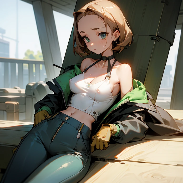 sitting、slender、big breasts、Very slight presence of nipples、Goggles on foreheadをつけている、small ass、A slender and delicate mechanic girl、Roomy clothes、Dowel dowel trousers、oversized cargo pants、It&#39;s a bellybutton、Front zip high neck top、bare shoulders、off shoulder、work gloves、Goggles on forehead、hold a wrench in one hand、brown skin、Middle hair、slender、big breasts、cleavage、choker、high leg pants、hot air、Sweat、
