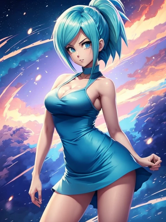 digital painting, 4k, babes, um close de um desenho animado de uma mulher com um vestido azul, Bulma de Dragon Ball, mulher de cabelo azul curto, garota saiyajin, goku feminino, anime mulher arte de corpo inteiro, protagonista feminina 👀 :8, pin on anime, fubuki, she has pale blue skin!!!, garota de anime chamada Lucy, Sona is slender, Vestido de azul