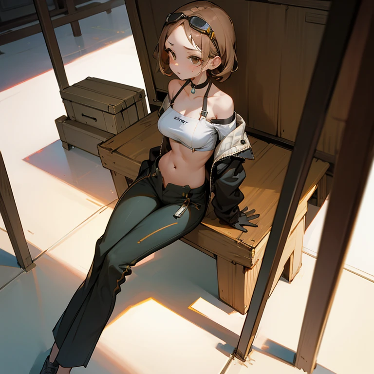 sitting、slender、big breasts、Goggles on foreheadをつけている、small ass、A slender and delicate mechanic girl、Roomy clothes、Dowel dowel trousers、oversized cargo pants、It's a bellybutton、Front zip high neck top、crop top、bare shoulders、off shoulder、work gloves、Goggles on forehead、hold a wrench in one hand、brown skin、Middle hair、slender、big breasts、cleavage、choker、high leg pants、hot air、Sweat、