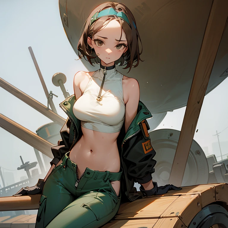high resolution、high quality、masterpiece、detailed、Blonde、ponytail、Large white ribbon、White tank top、Open your chest wide、Burstingly Big Breasts、Put on your Air Force jacket、Belly button exposed、High leg cut jeans、Bare legs、Thick-soled boots、highway、blue sky、cumulonimbus、