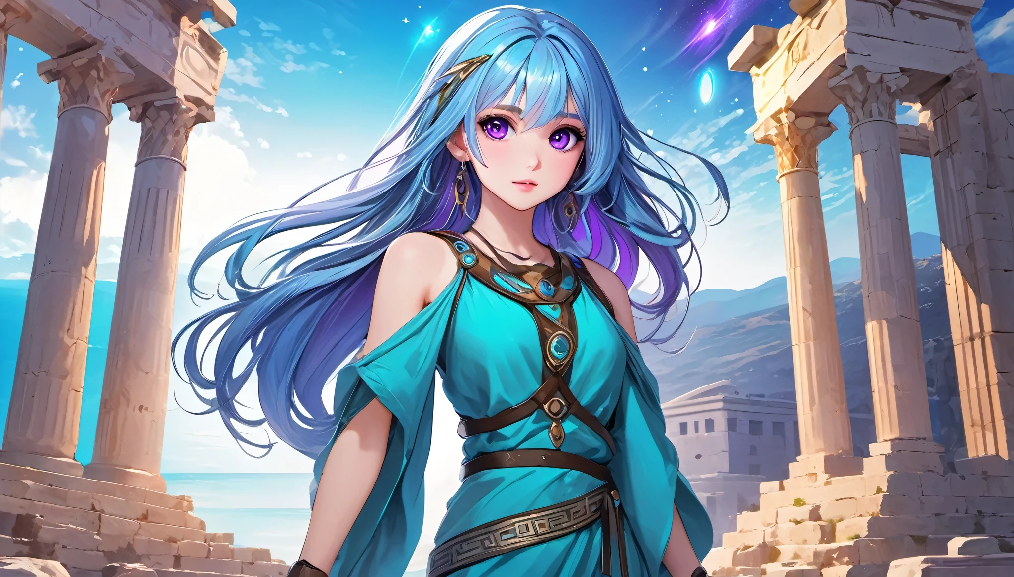 Masterpiece. High-resolution. 1girl about 20 years old. Pretty beautiful girl. Pretty big purple eyes. Delicate face. (((Long light blue hair))). Straight hair. Messy hair. Hair bangs. Turquoise tunic. Purple tide pants. Leather boots. Greek ruins background with cosmic skies.