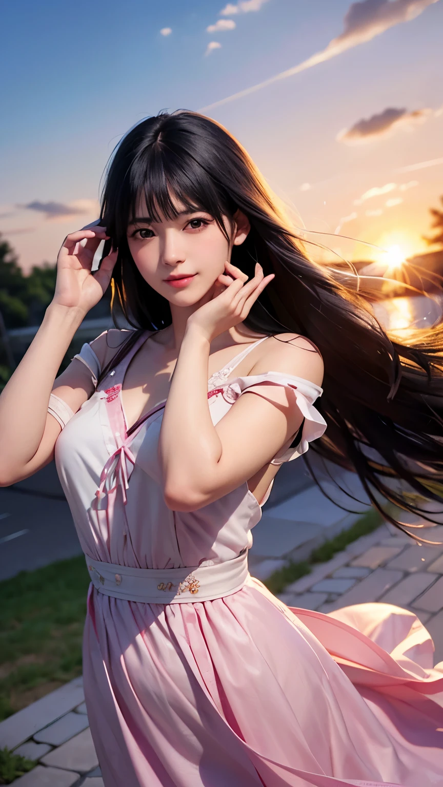 (logo、masterpiece、8K、table top、Raw photo、wonderful、最high quality、Photorealistic and very detailed CG integrated 8k wallpaper、high quality、very detailed、narrative poem、particle effects、dynamic effects、Depth of the bounds written、cinematic light、Lens flare、ray tracing)、fantasy、 (1 beautiful woman、dress、dress、cherry blossom pattern、black haired、beautiful face、real face、beautiful details eyes beautiful skin)、My hair dances in the wind、Hair flutters in Wind、hair bounces、pink cherry tree、petals dance、SakuraFubuki、Spectacular view、sunrise、sun on background、Wind、
