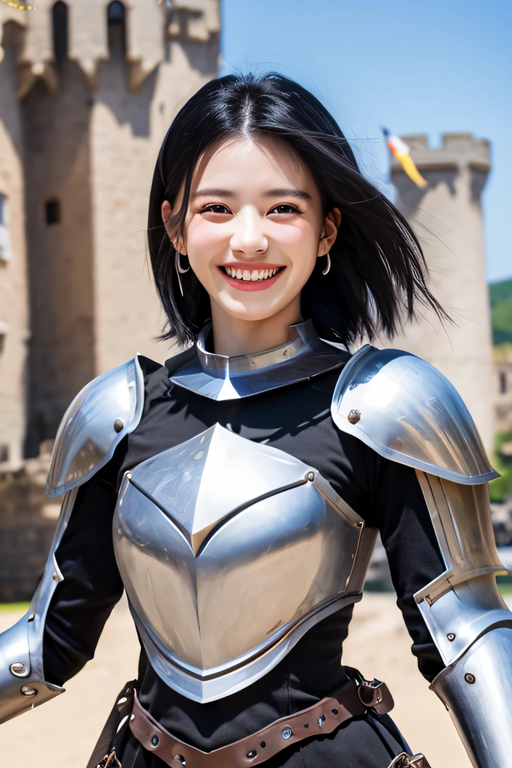 8K、highest quality、female knight、The background is a castle、Luxurious Silver Armor、heavy equipment、black hair、hairstyle shortcut、smile、beautiful teeth、full body photo、ear piercing