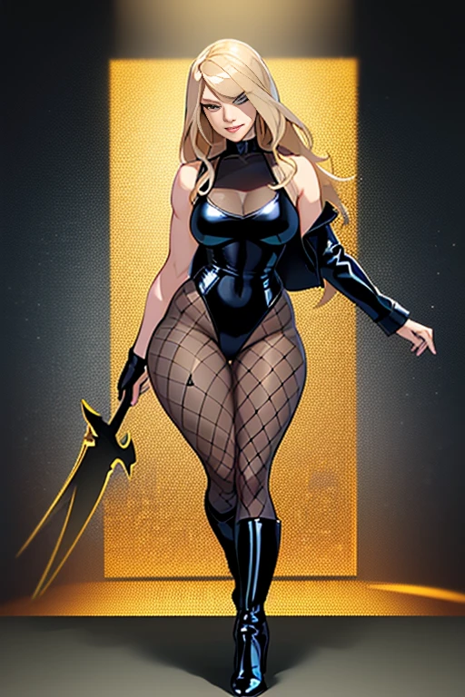 1woman, Black Canary, Black Canary from DC comics, long blonde hair, blue eyes, ((Black Canary is wearing long stiletto boots, a short black leather jacket, a low-cut sleeveless black leotard, Fishnet pantyhose)), has a confident expression and sarcastic smile, sexy, beautiful woman, curvy athletic body, wide hips, thick thighs, nice ass, perfect face, perfect eyes, full body portrait, excellent artistic proportions to faces, colorful dynamic lighting, masterpiece, artstation, cgsociety
